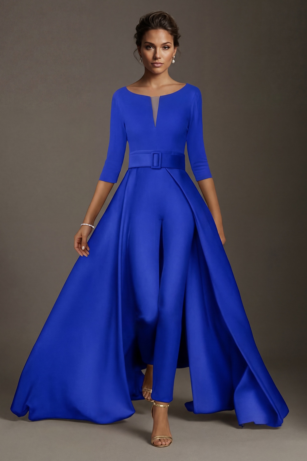 White Boat Neck Floor-Length Mother of the Bride Jumpsuits with Cape