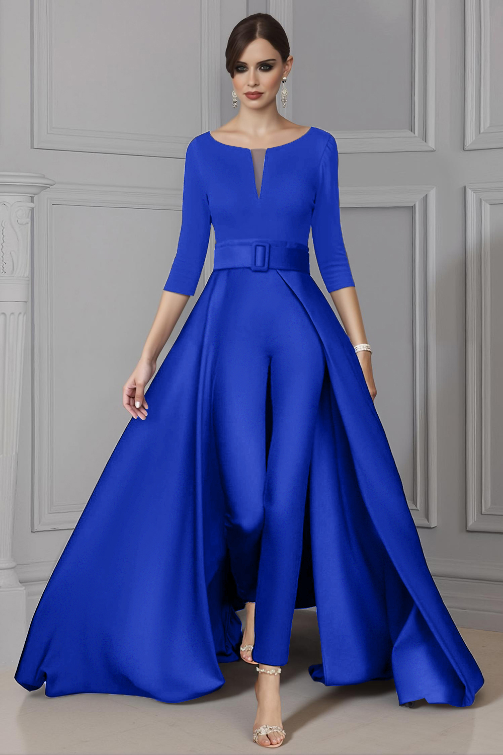 Navy Boat Neck Floor-Length Mother of the Bride Jumpsuits with Cape