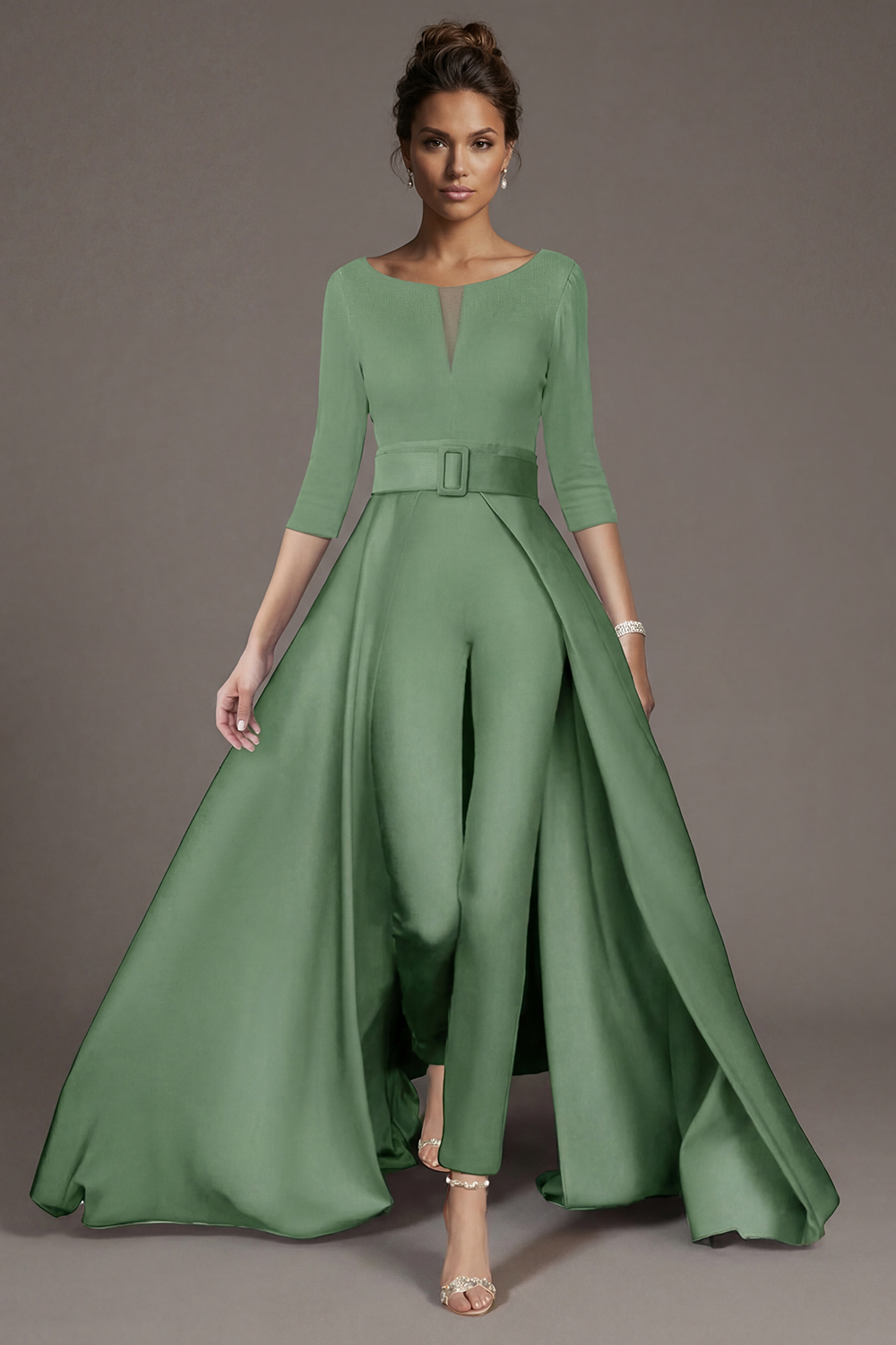 White Boat Neck Floor-Length Mother of the Bride Jumpsuits with Cape