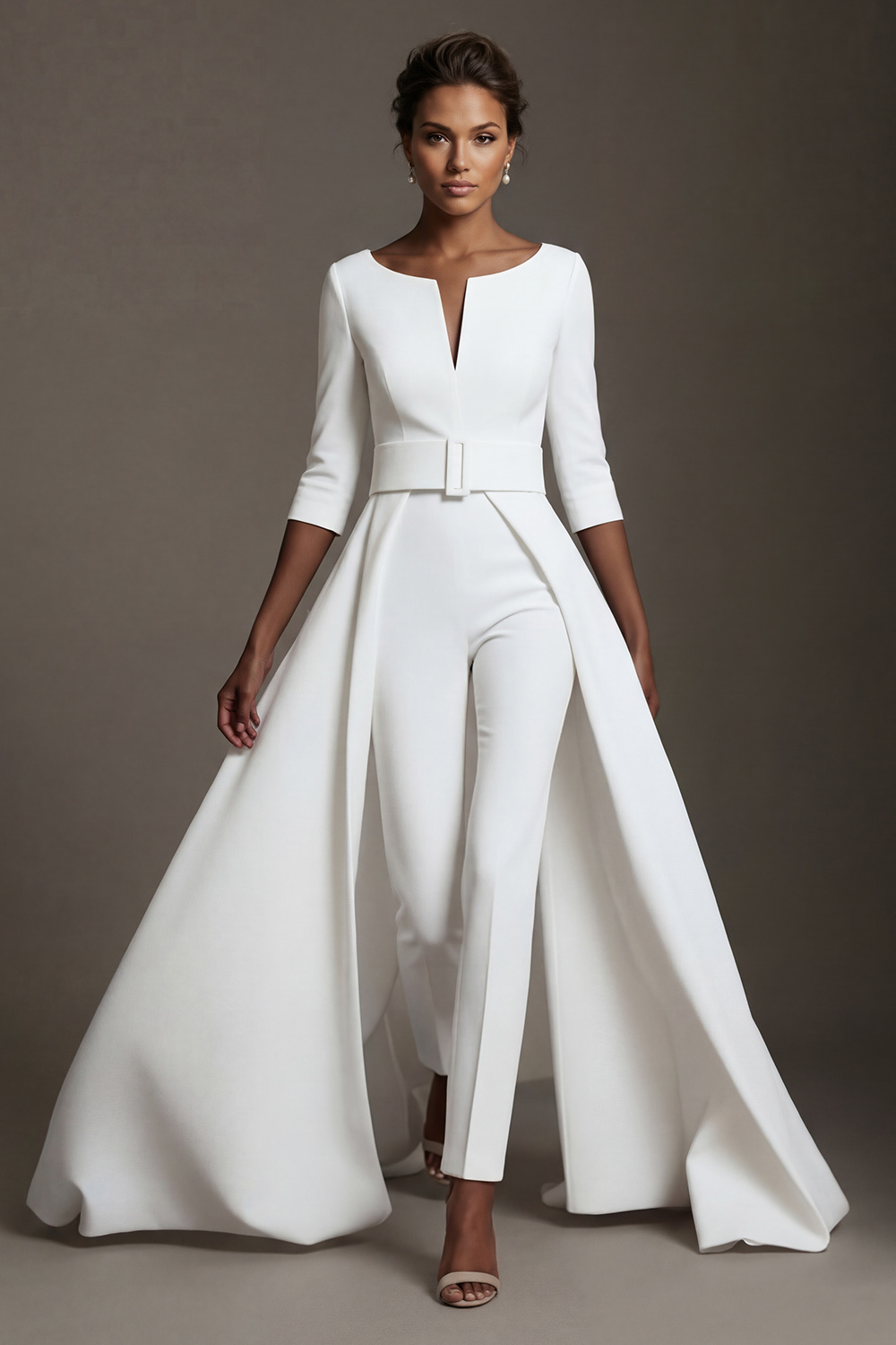 White Boat Neck Floor-Length Mother of the Bride Jumpsuits with Cape