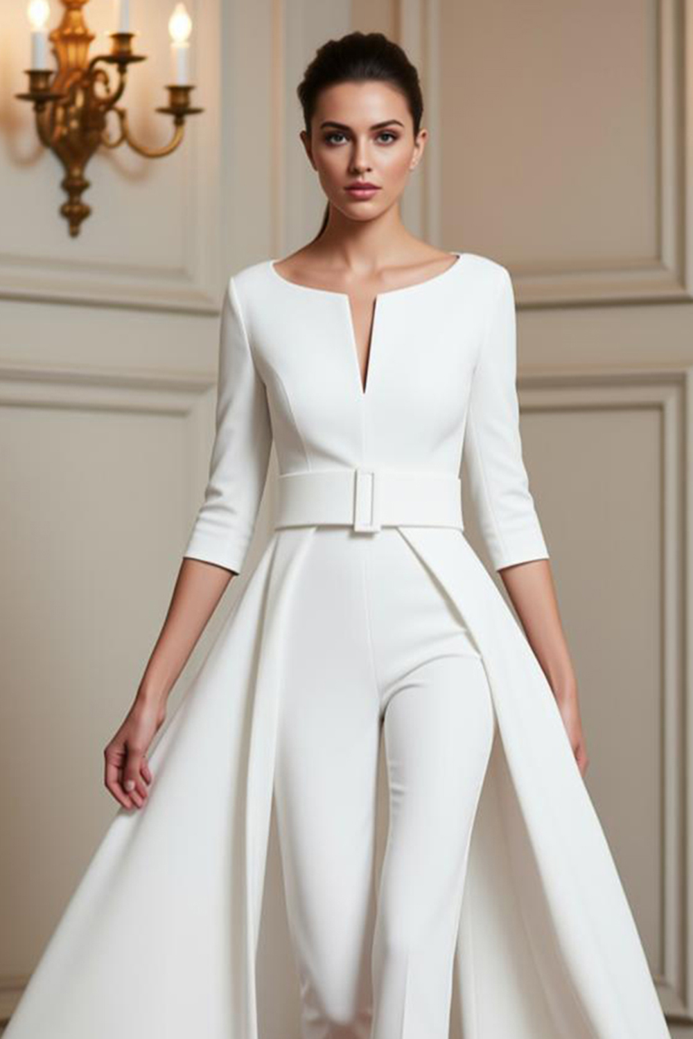 Navy Boat Neck Floor-Length Mother of the Bride Jumpsuits with Cape