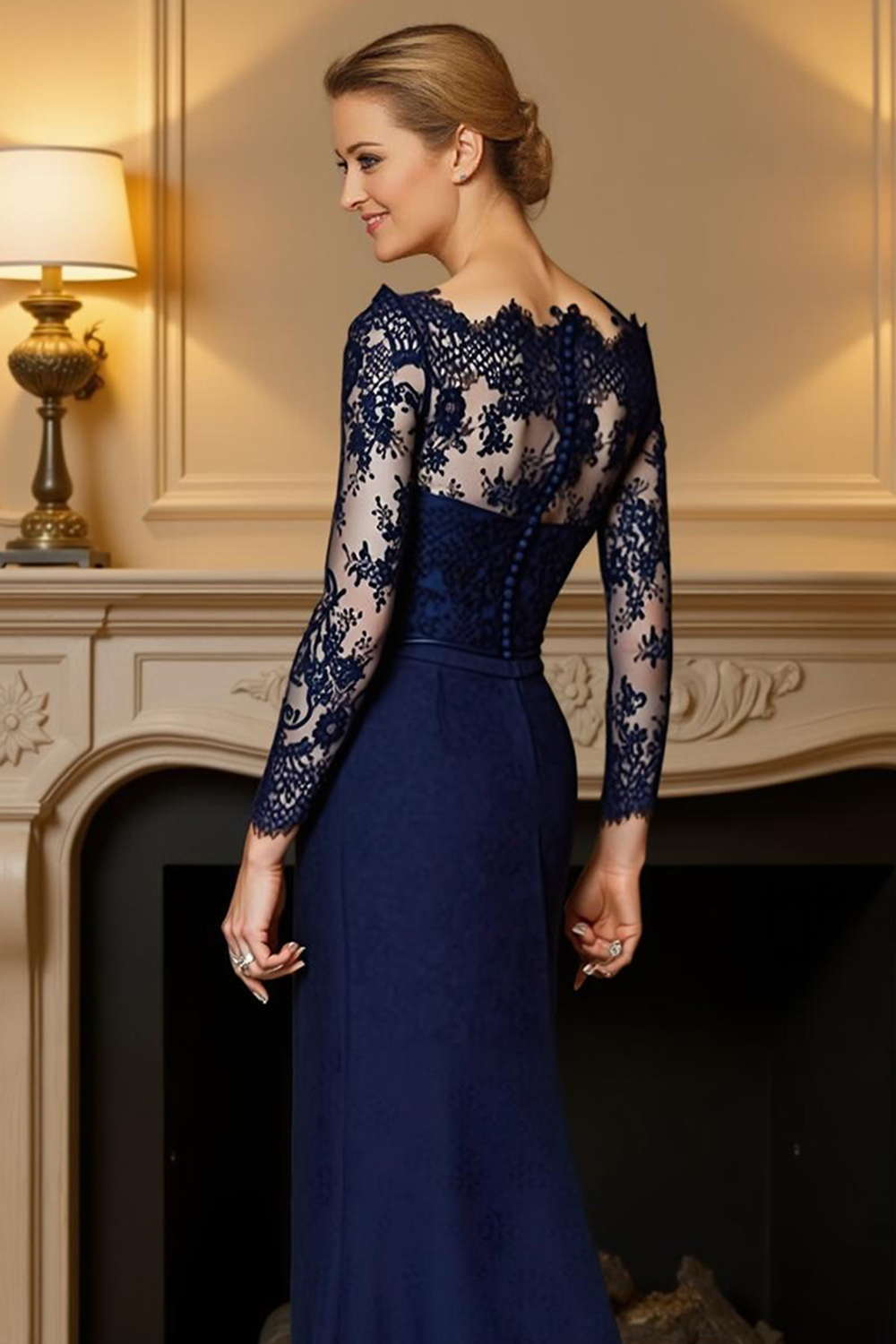 Navy Mermaid Floor-Length Mother of the Bride Dress with Lace
