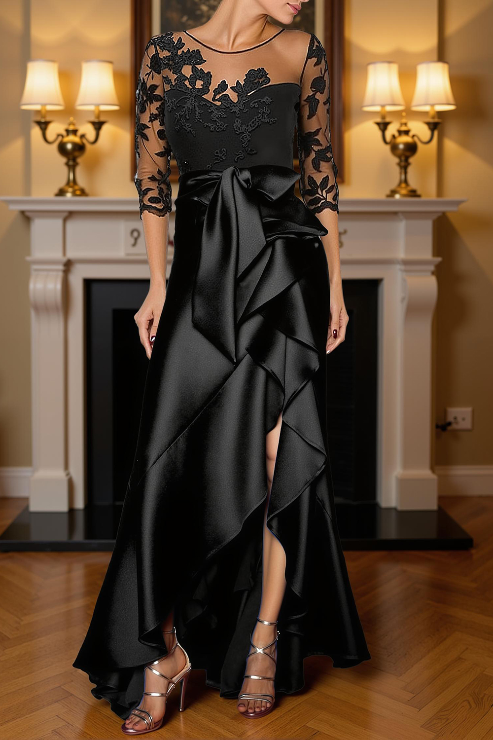 Black A Line Ruffled High-Low Mother of the Bride Dress with Lace