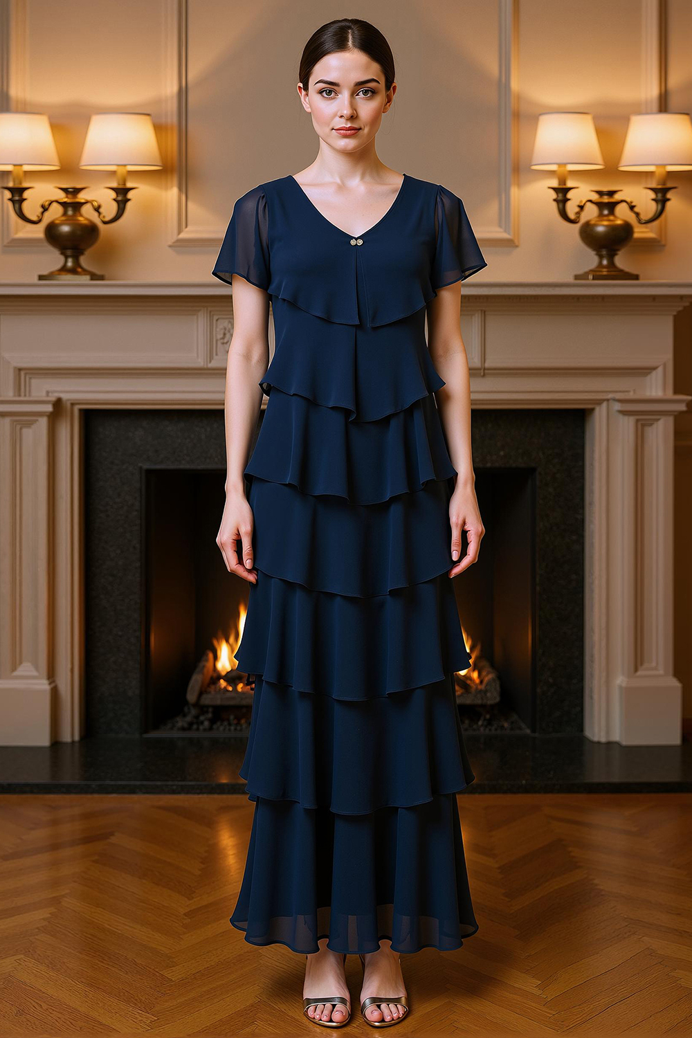 Navy Sheath Tiered Ruffled Ankle-Length Mother of the Bride Dress