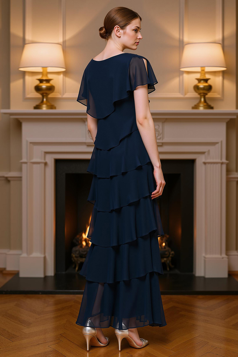 Navy Sheath Tiered Ruffled Ankle-Length Mother of the Bride Dress