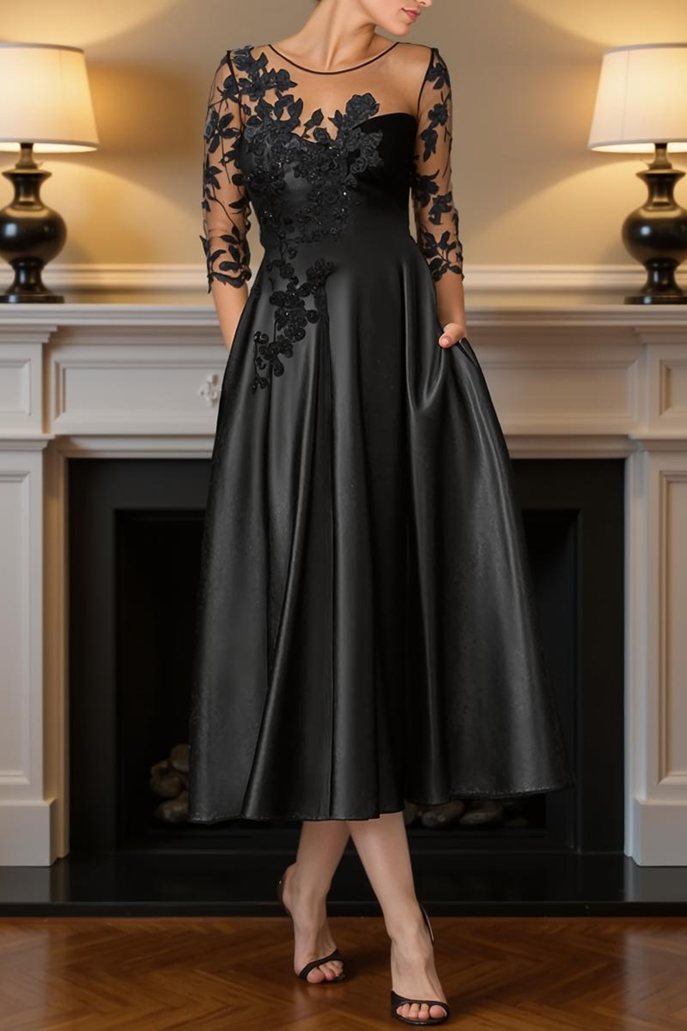 Black Satin A Line Tea-Length Mother of the Bride Dress with Lace