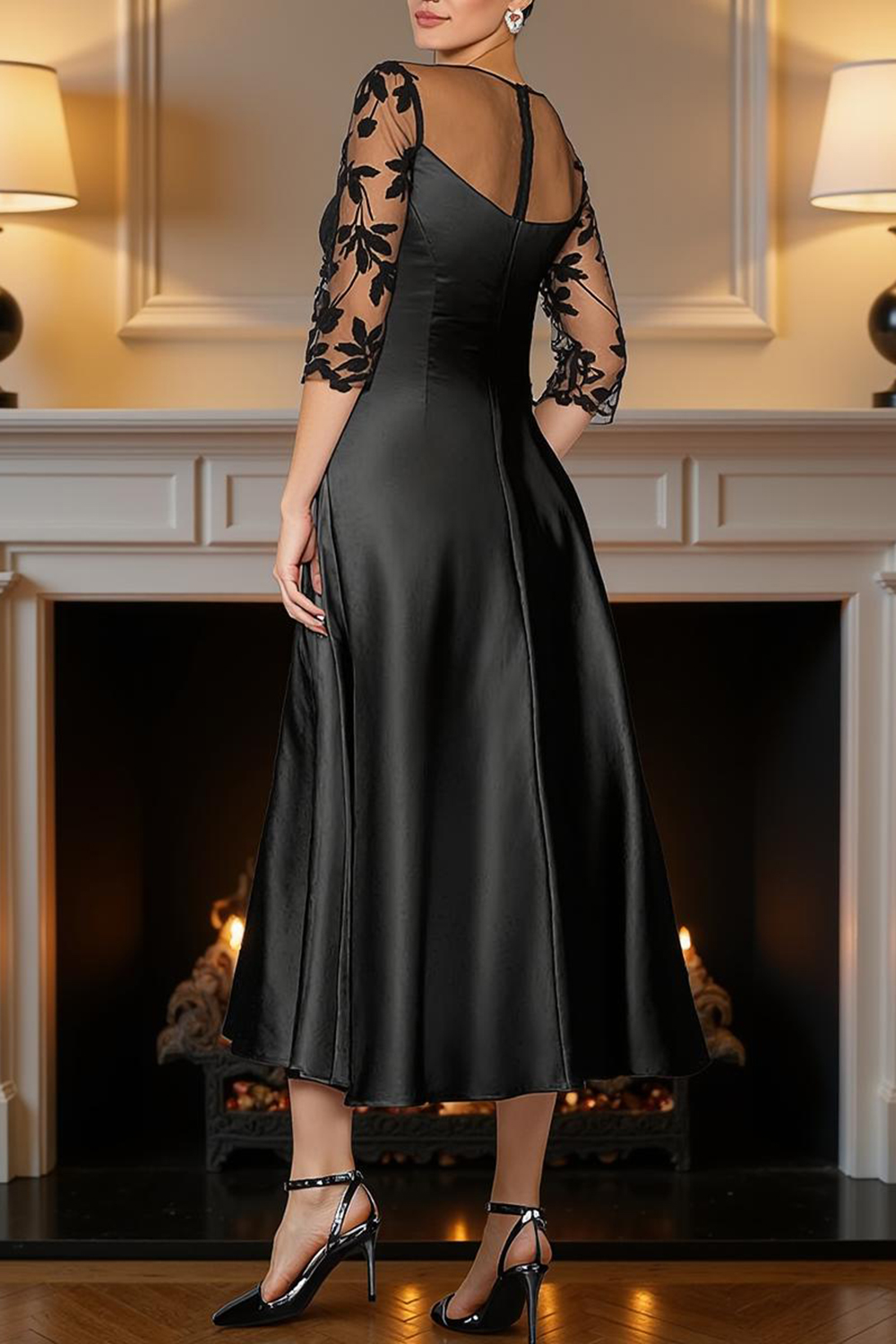 Black Satin A Line Tea-Length Mother of the Bride Dress with Lace