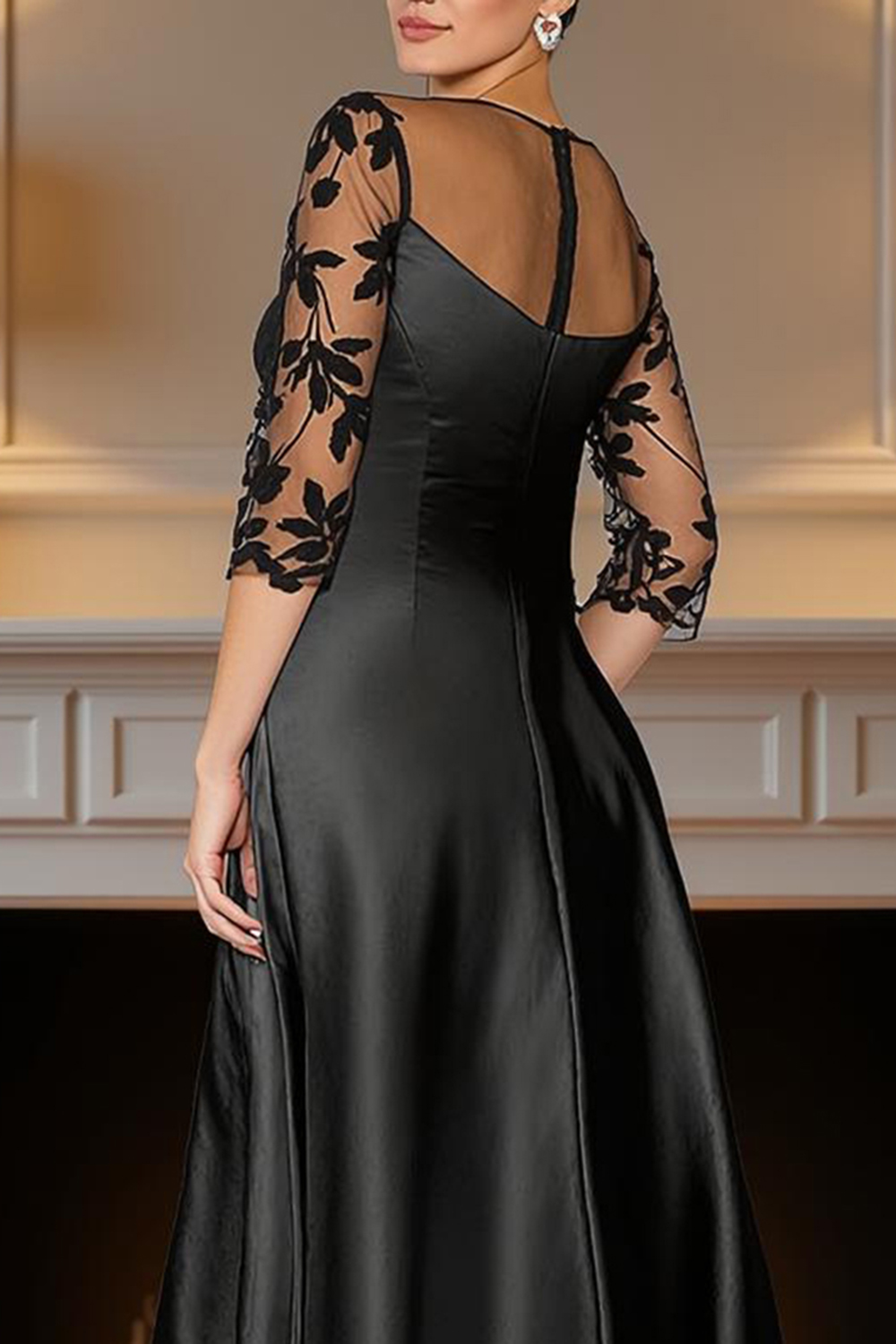 Black Satin A Line Tea-Length Mother of the Bride Dress with Lace