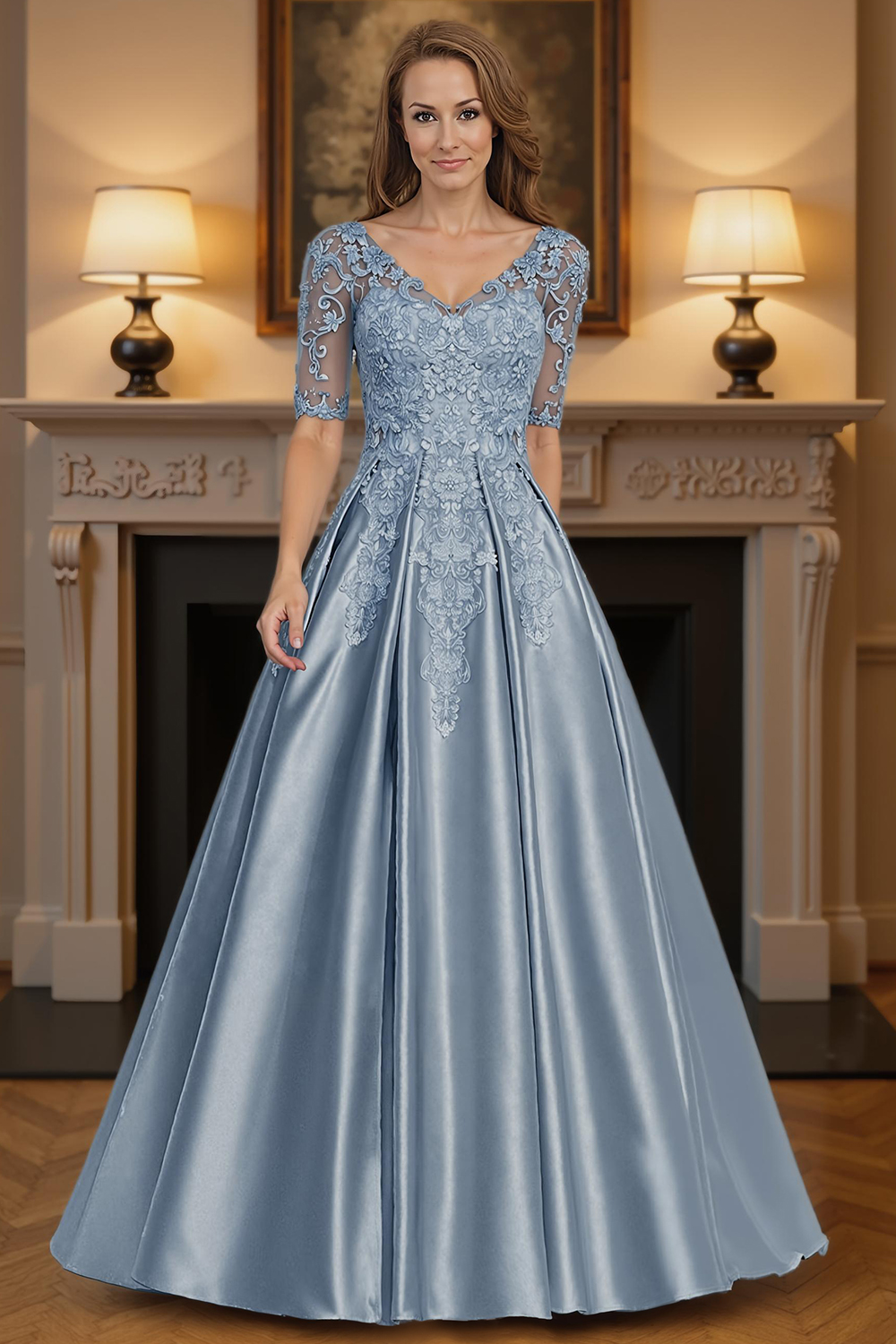 Dusty Blue V-Neck A Line Floor-Length Mother of the Bride Dress with Lace
