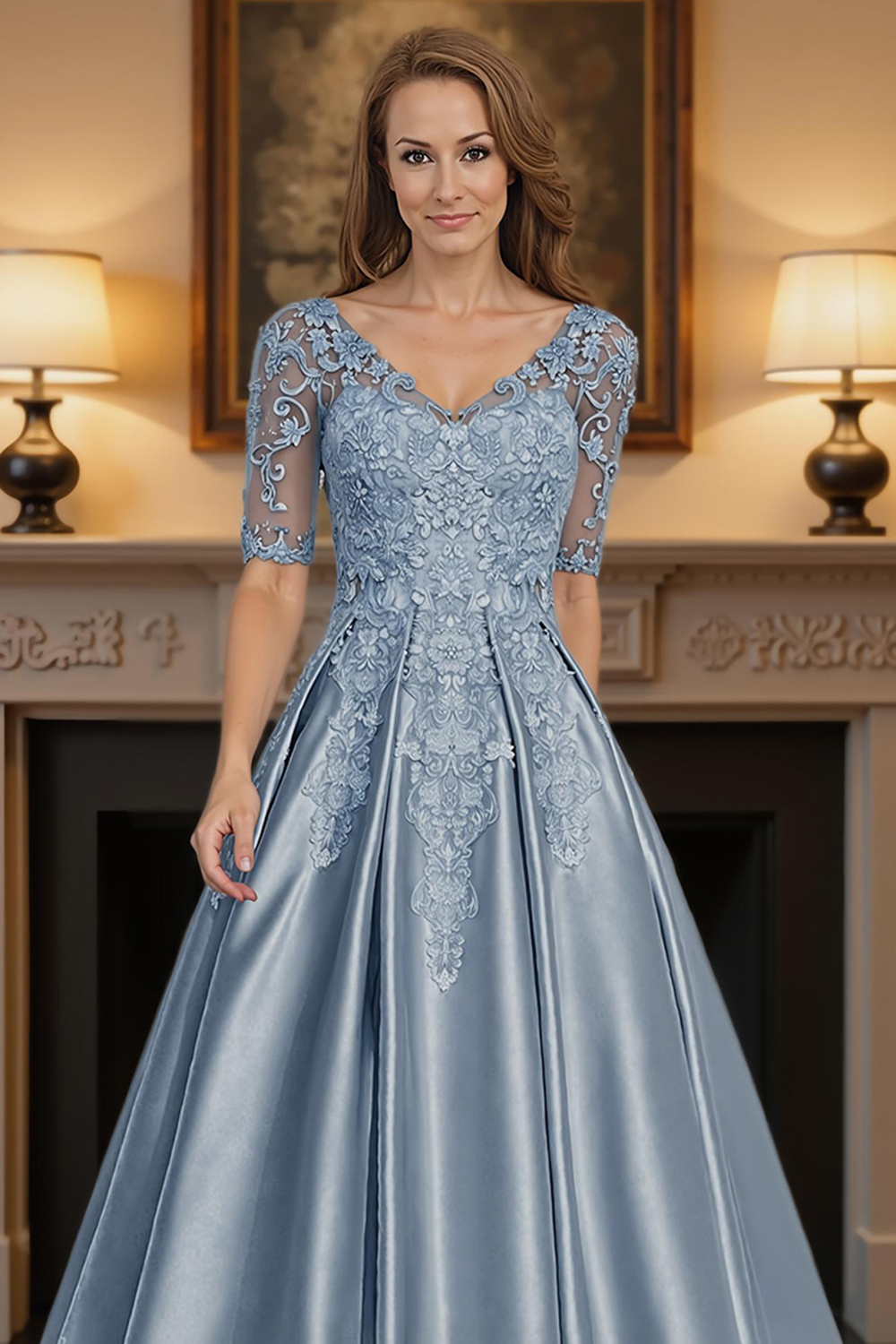 Dusty Blue V-Neck A Line Floor-Length Mother of the Bride Dress with Lace