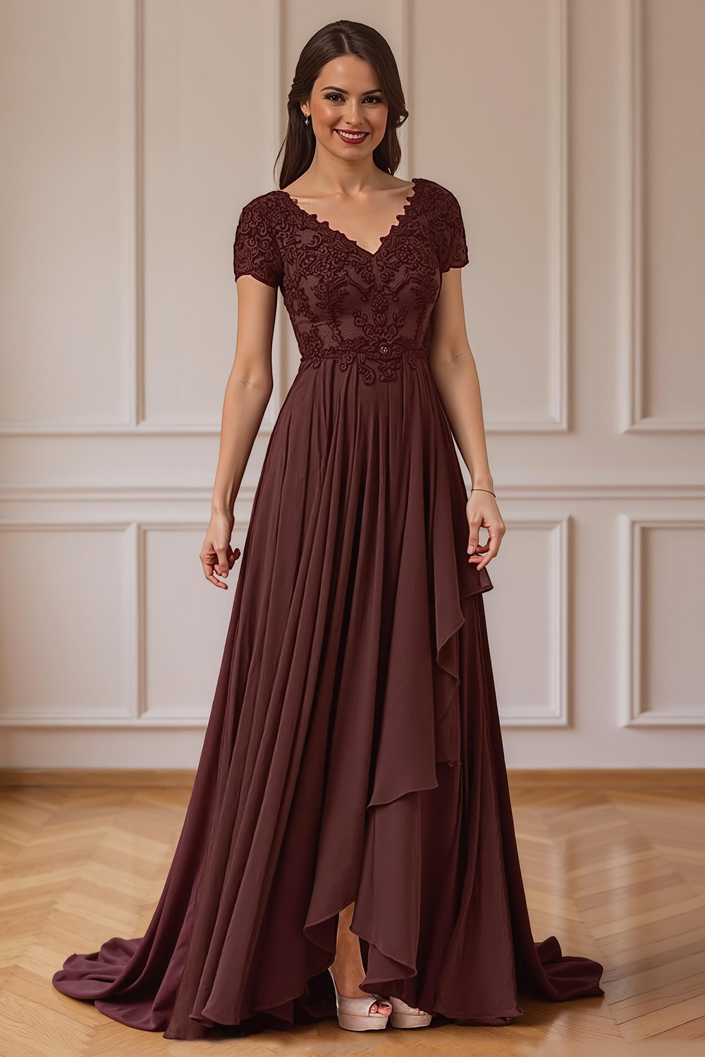 Burgundy V-Neck A Line Floor-Length Mother of the Bride Dress with Lace