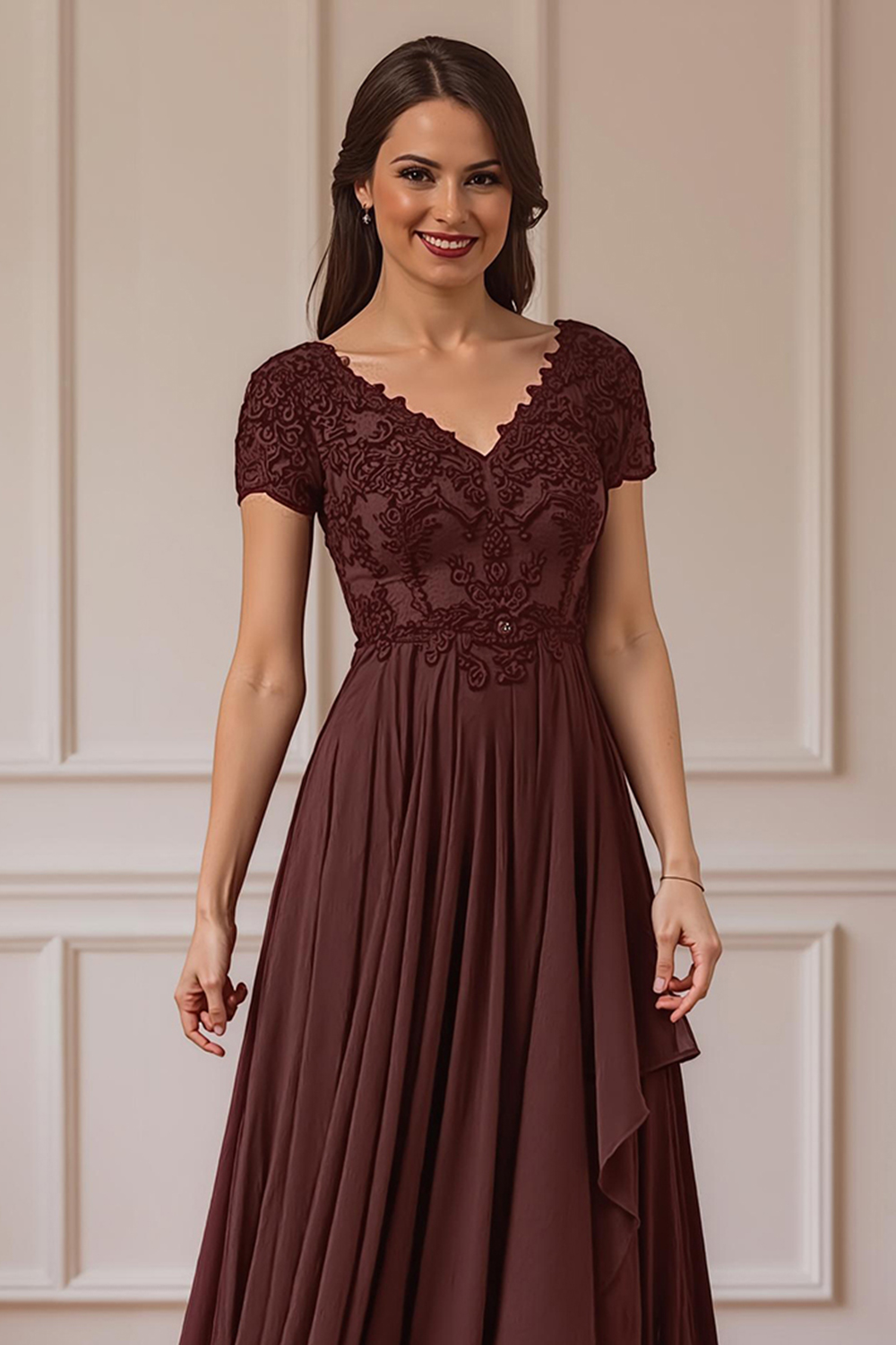 Burgundy V-Neck A Line Floor-Length Mother of the Bride Dress with Lace