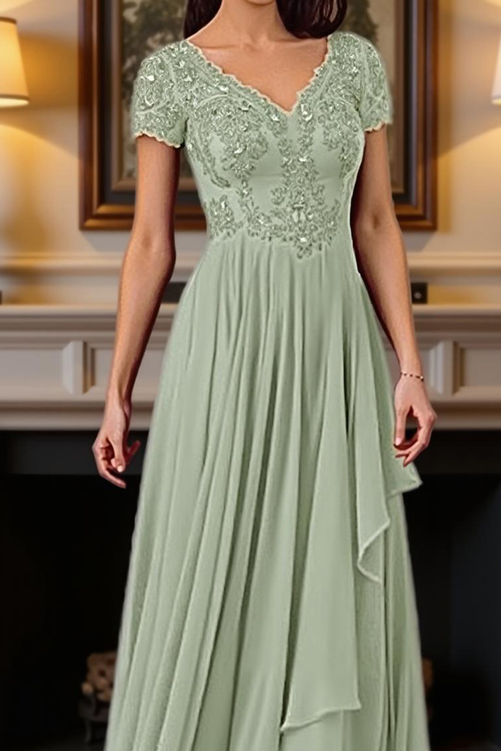 Burgundy V-Neck A Line Floor-Length Mother of the Bride Dress with Lace