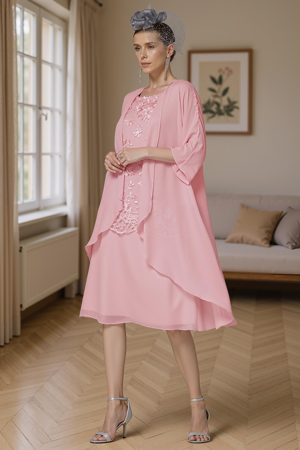 Light Blue Sheath 2 Piece Knee-Length Mother of the Bride Dress with Jacket