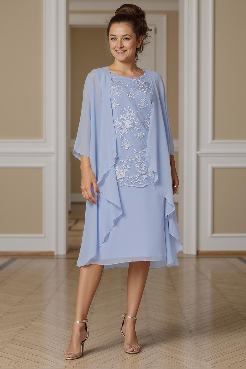 Light Blue Sheath 2 Piece Knee-Length Mother of the Bride Dress with Jacket