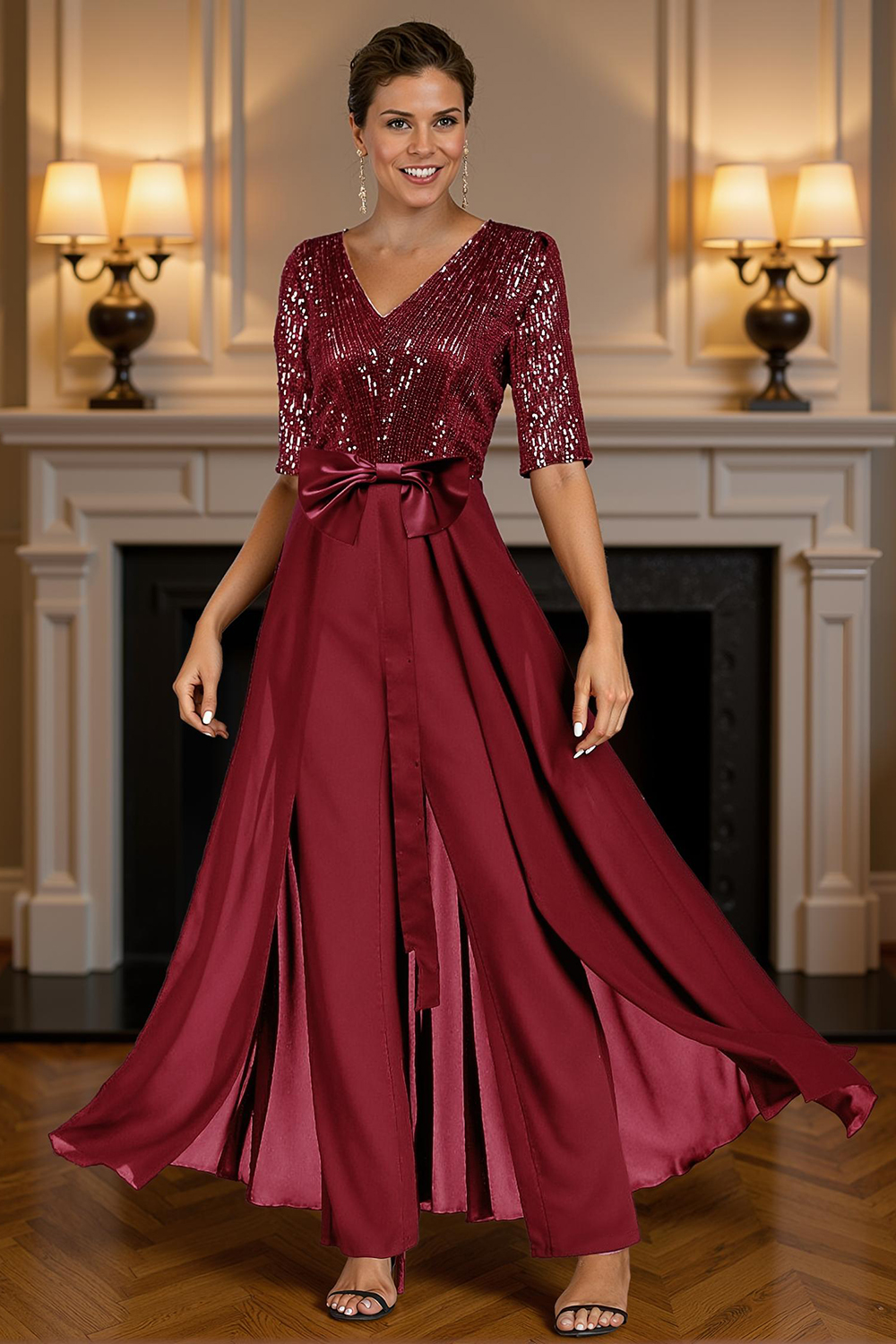 Sparkly Royal Blue Sequin Ankle-Length Mother of the Bride Jumpsuits with Cape