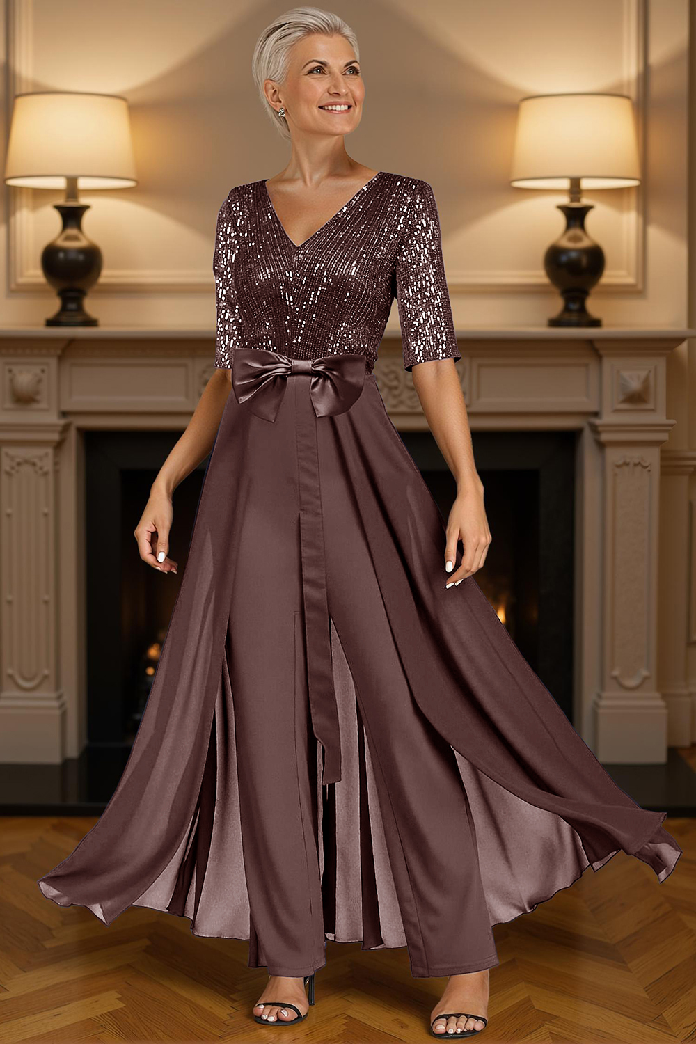 Homrain Women Sparkly Coffee Chiffon Sequins Floor-Length Mother of the Bride Jumpsuits with Cape V-Neck Half Sleeves Mother of the Groom Jumpsuits with Bow
