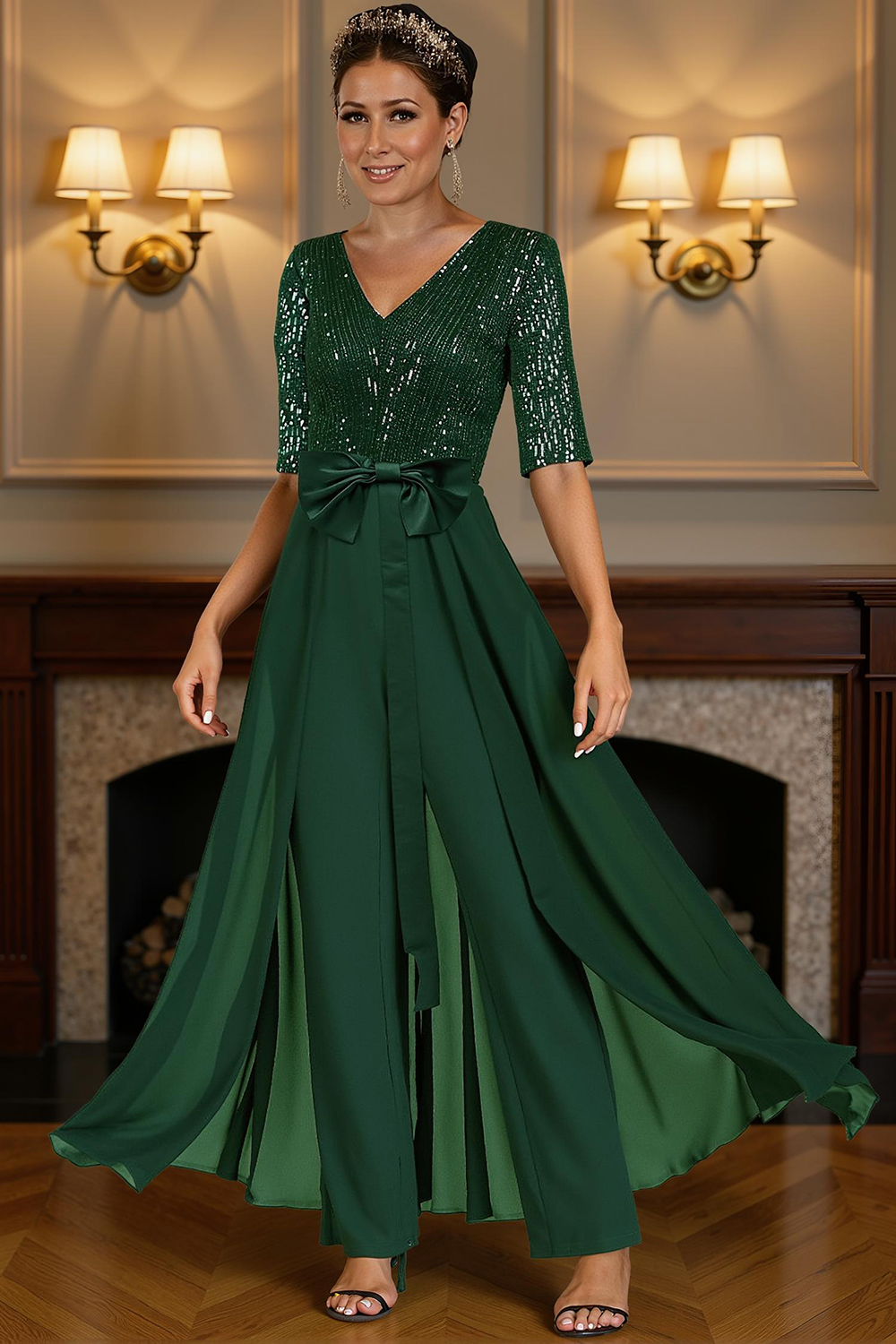 Homrain Women Sparkly Dark Green Sequins Mother of the Bride Jumpsuits with Cape V-Neck Chiffon Mother of the Groom Jumpsuits with Bow