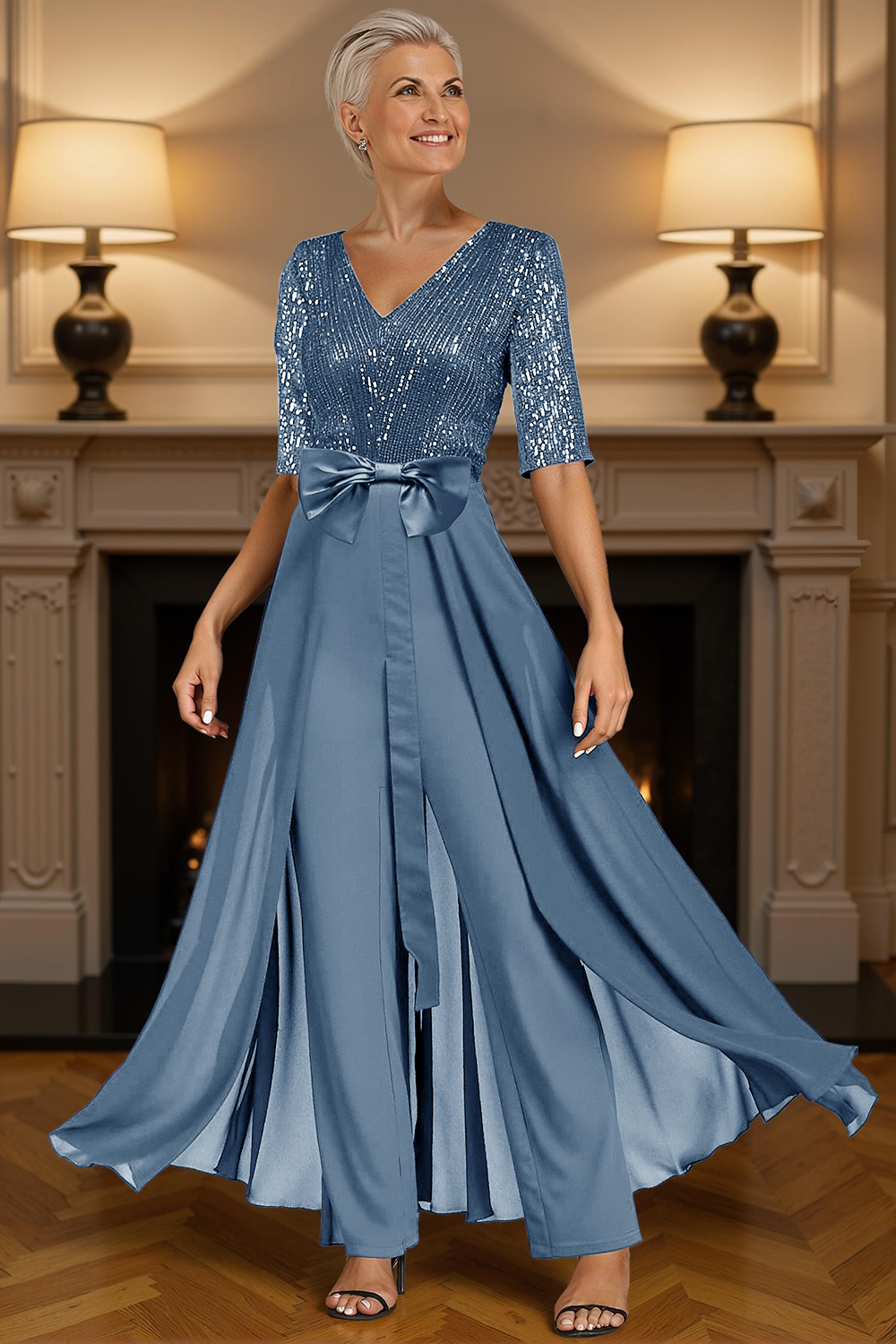 Sparkly Dark Green Sequins Floor-Length Mother of the Bride Jumpsuits with Cape