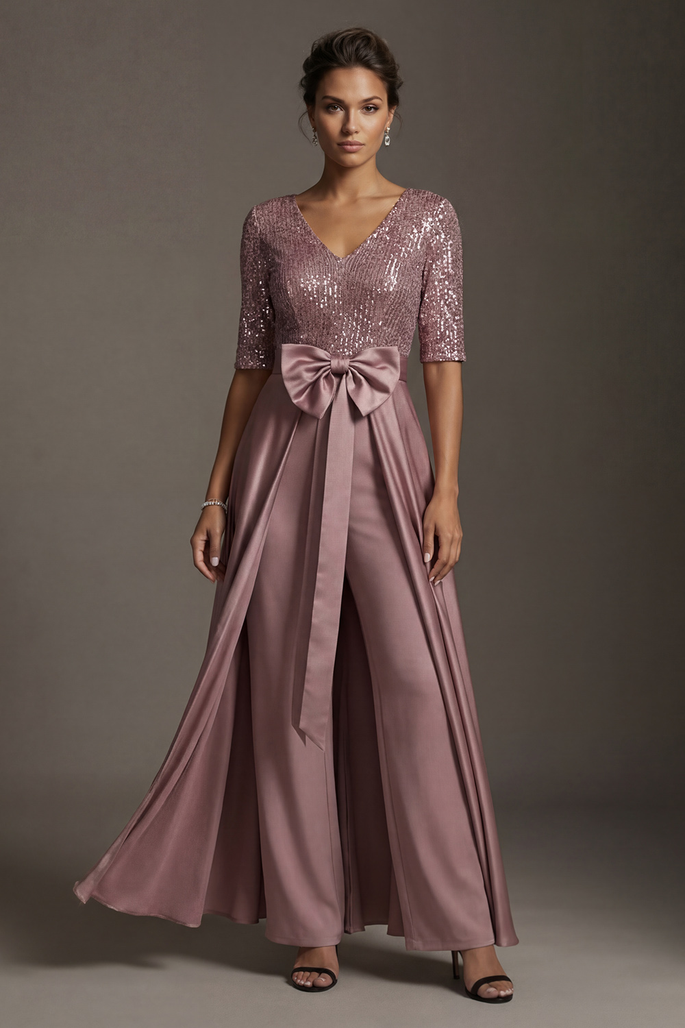 Sparkly Dusty Rose Sequins Floor-Length Mother of the Bride Jumpsuits with Cape
