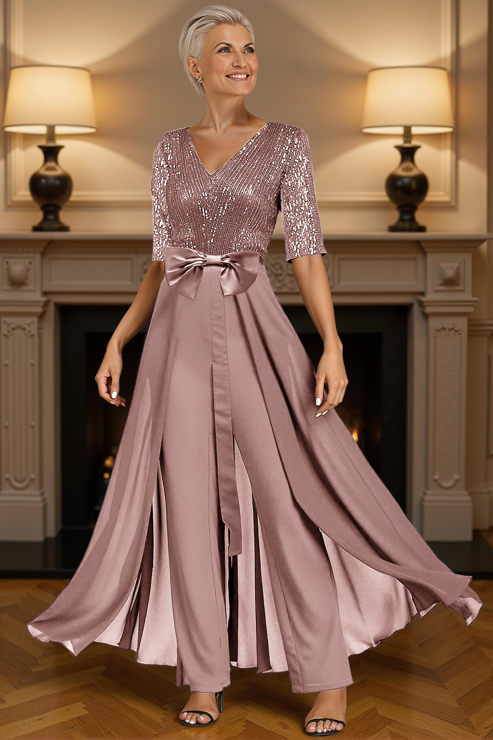 Sparkly Dark Green Sequins Floor-Length Mother of the Bride Jumpsuits with Cape