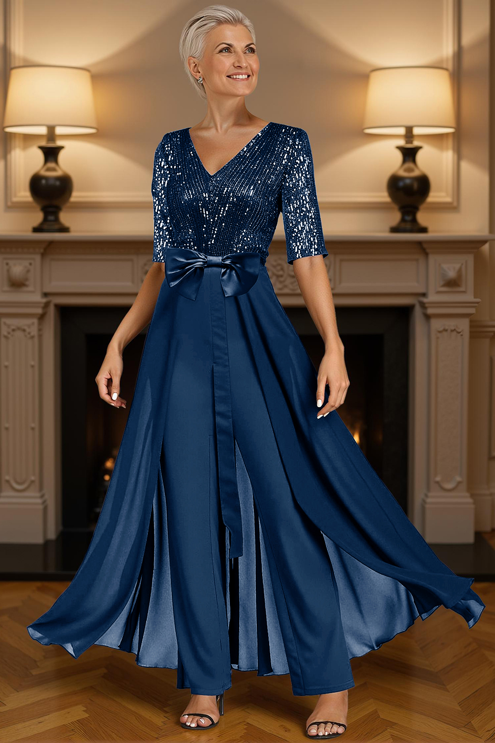 Sparkly Dark Green Sequins Floor-Length Mother of the Bride Jumpsuits with Cape