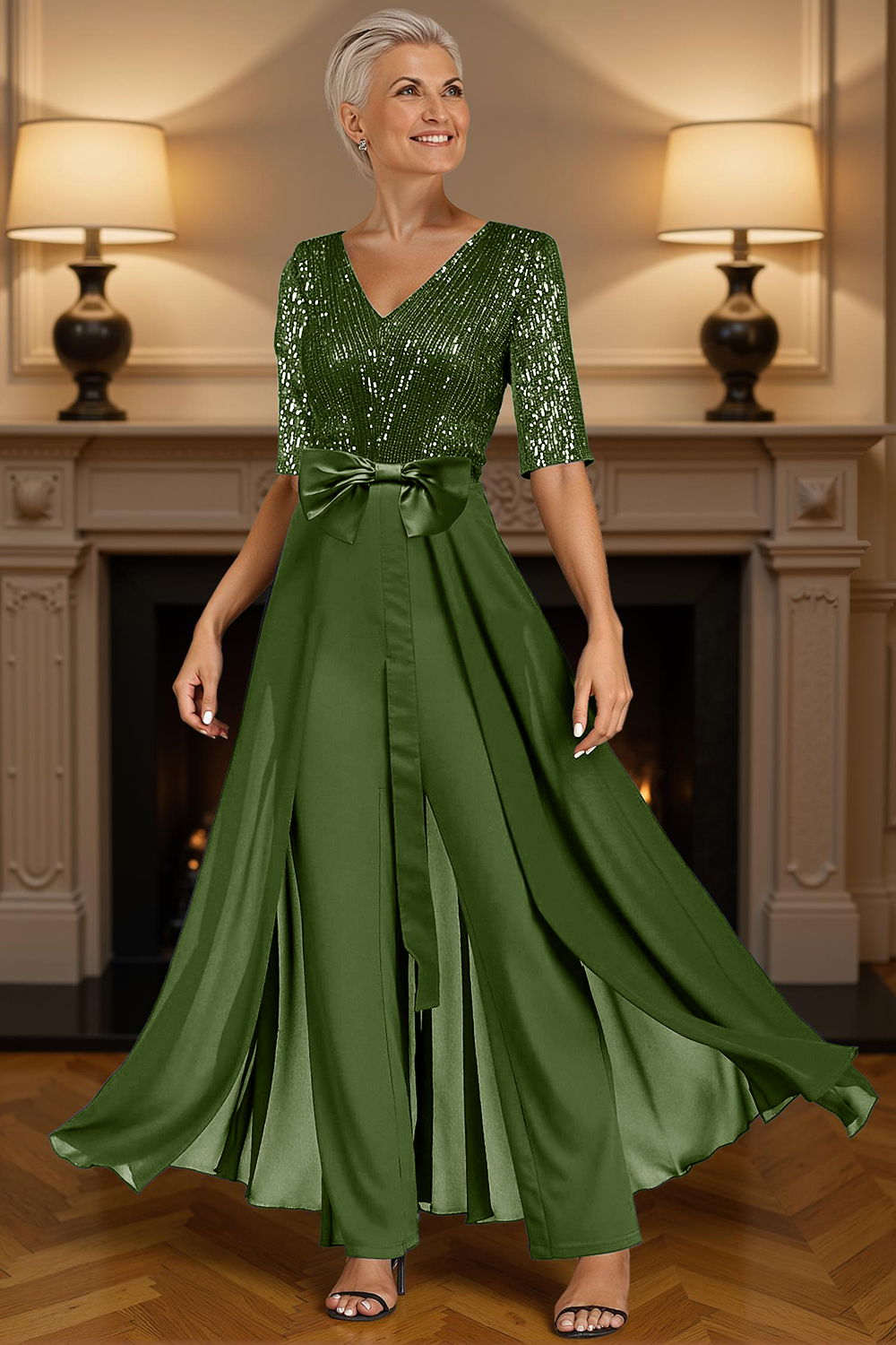Sparkly Dark Green Sequins Floor-Length Mother of the Bride Jumpsuits with Cape