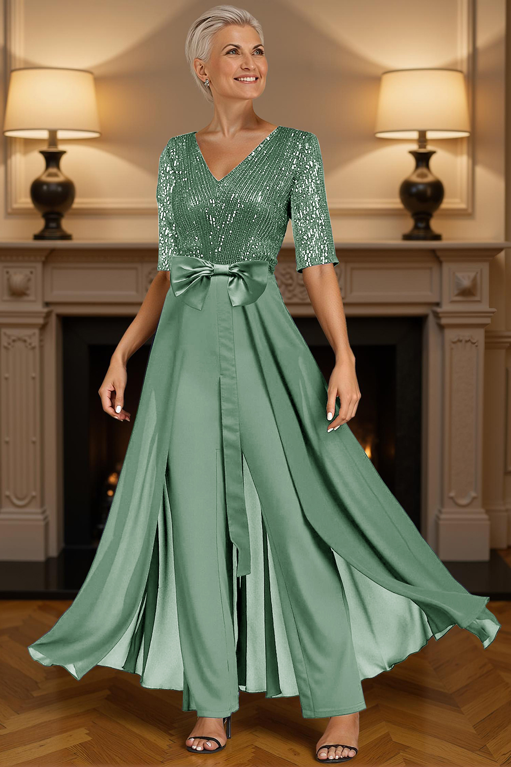 Sparkly Dark Green Sequins Floor-Length Mother of the Bride Jumpsuits with Cape