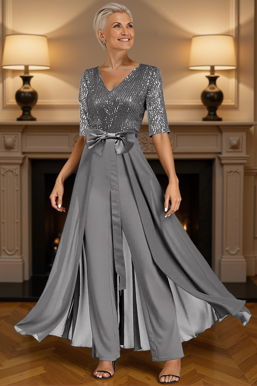 Sparkly Dark Green Sequins Floor-Length Mother of the Bride Jumpsuits with Cape