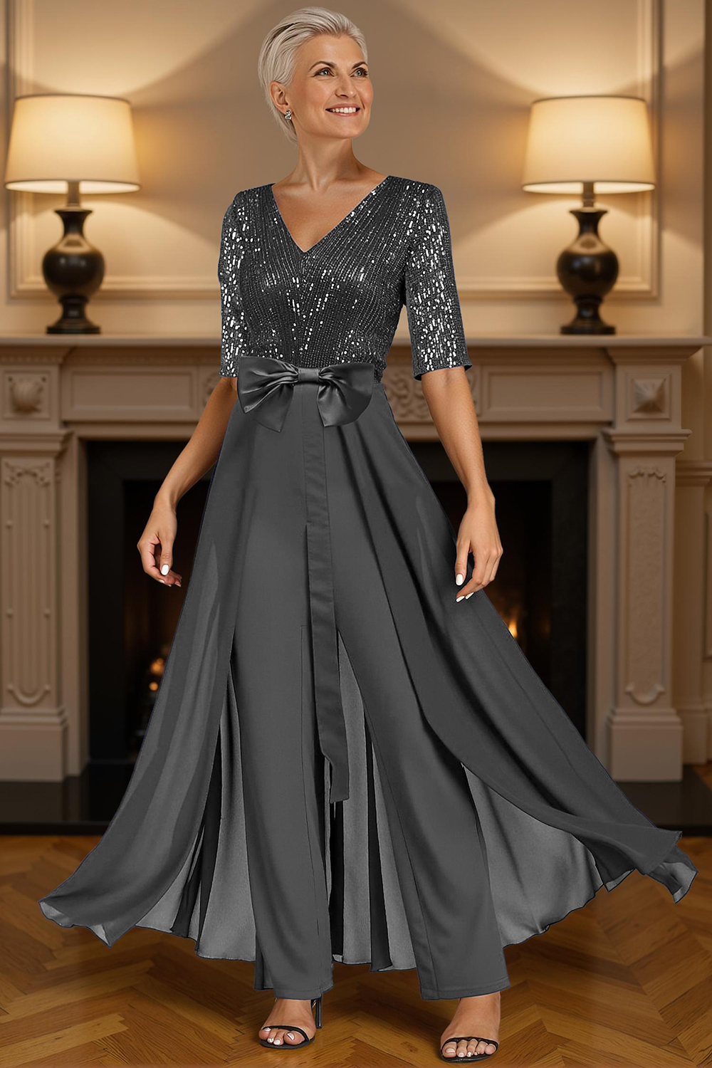 Sparkly Dark Green Sequins Floor-Length Mother of the Bride Jumpsuits with Cape