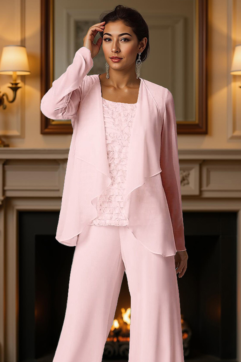 White Bateau Neck 3 Piece Mother of the Bride Pant Suits with Jacket