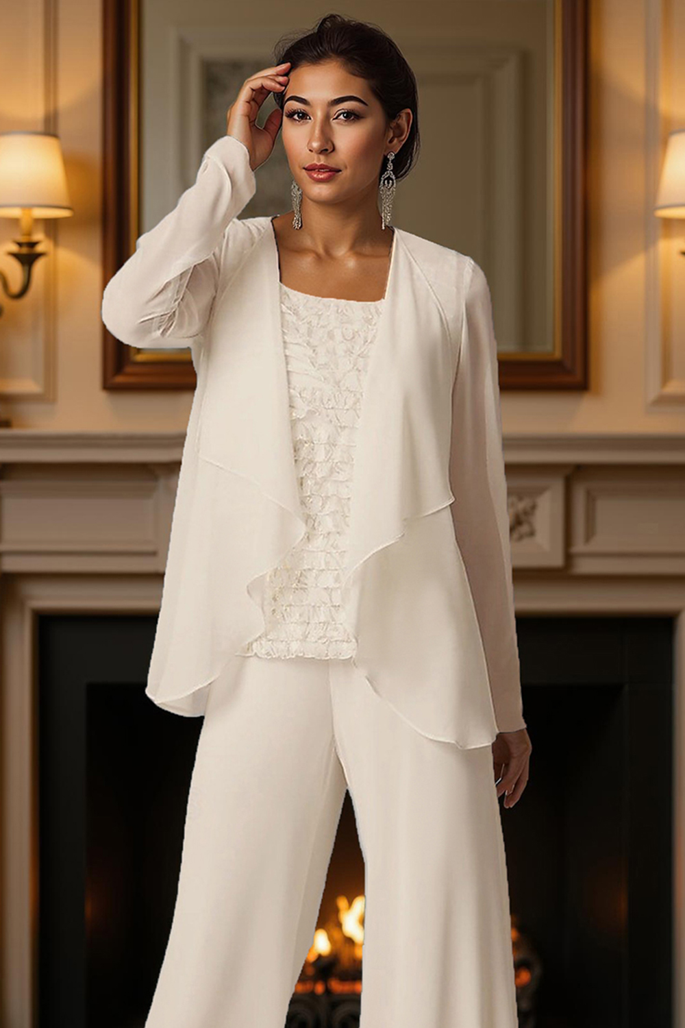 White Bateau Neck 3 Piece Mother of the Bride Pant Suits with Jacket