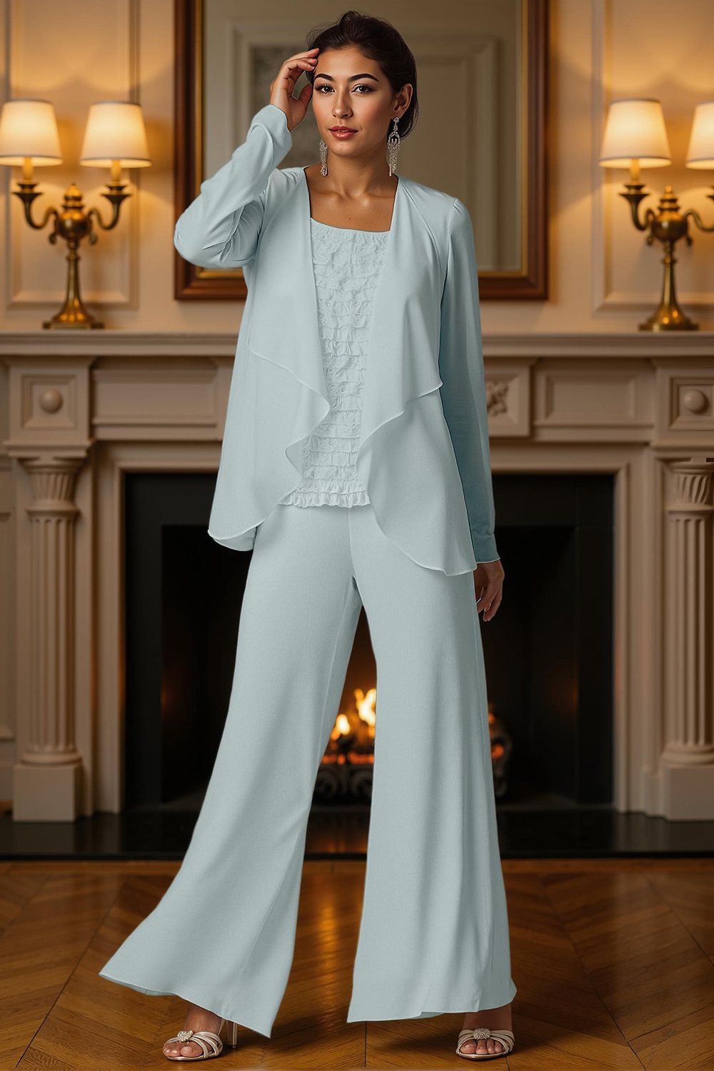 White Bateau Neck 3 Piece Mother of the Bride Pant Suits with Jacket