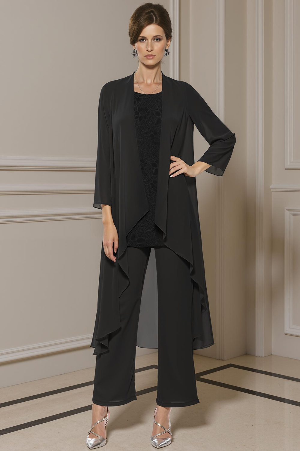 Khaki Boat Neck Chiffon 3 Piece Mother of the Bride Pant Suits with Jacket