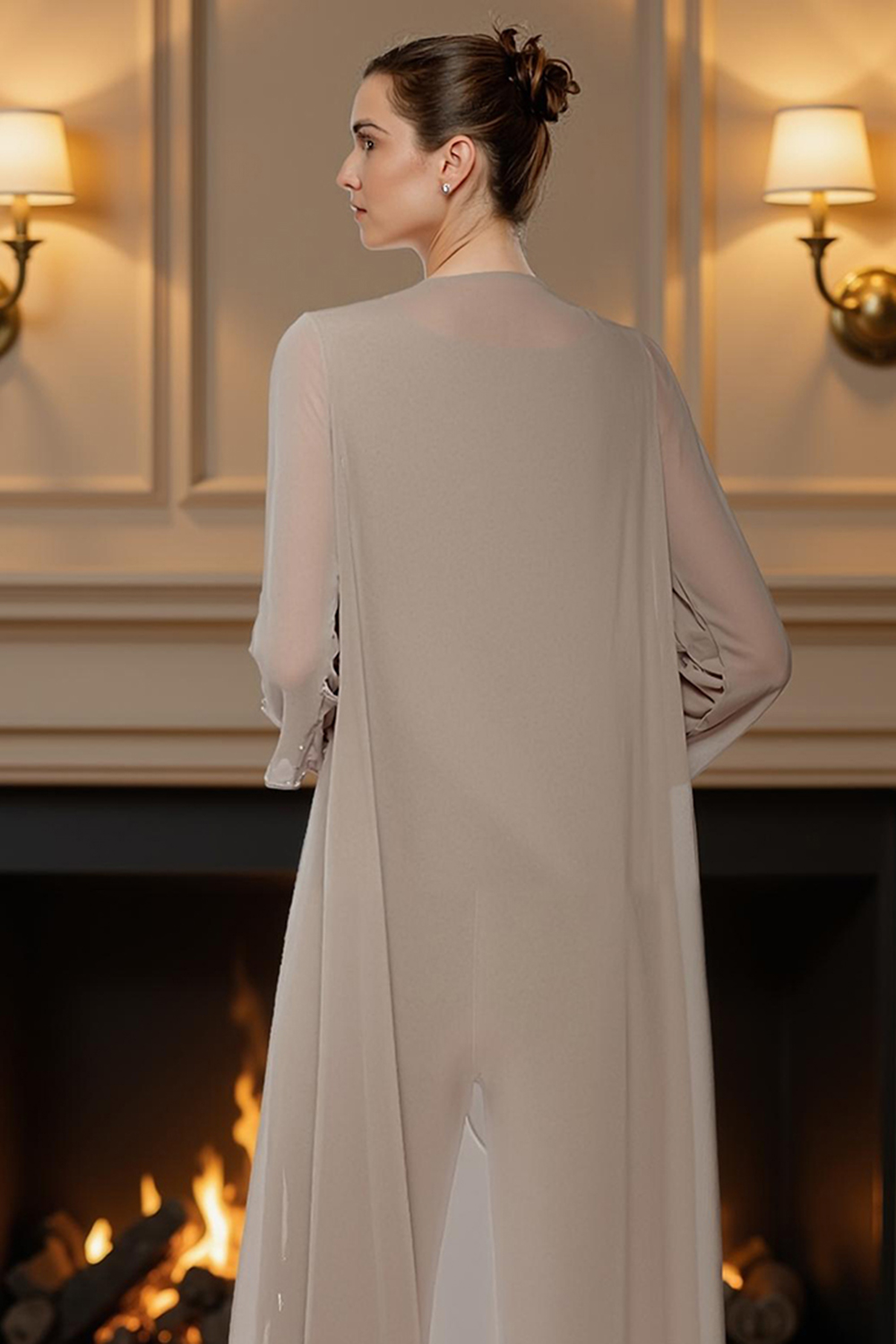 Khaki Boat Neck Chiffon 3 Piece Mother of the Bride Pant Suits with Jacket