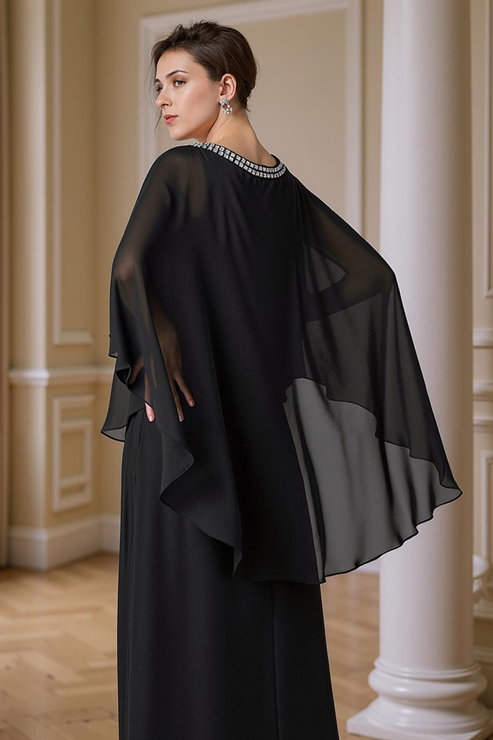 Sparkly Black Beaded Sheath 2 Piece Floor-Length Mother of the Bride Dress with Cape