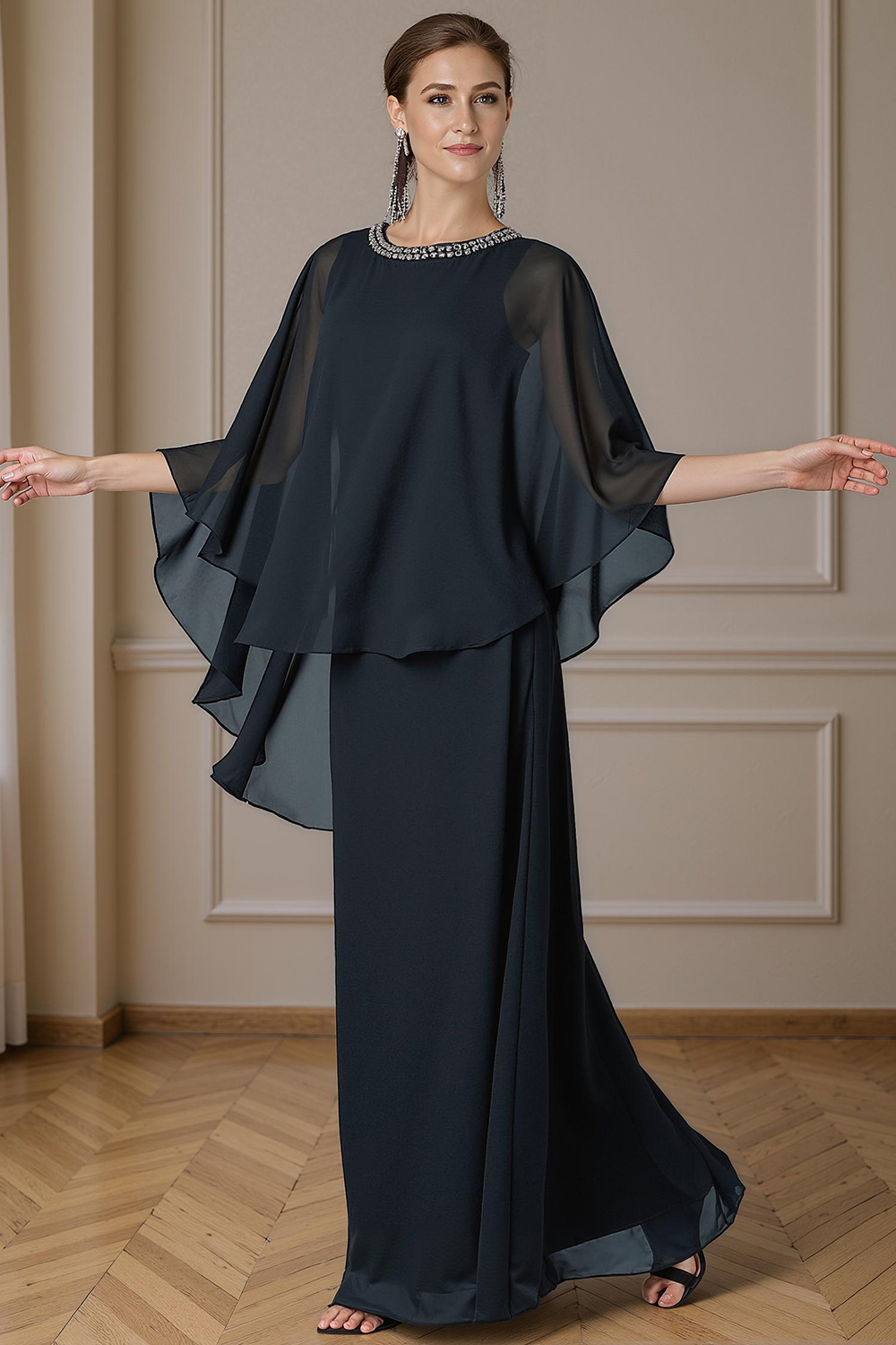 Sparkly Black Beaded Sheath 2 Piece Floor-Length Mother of the Bride Dress with Cape