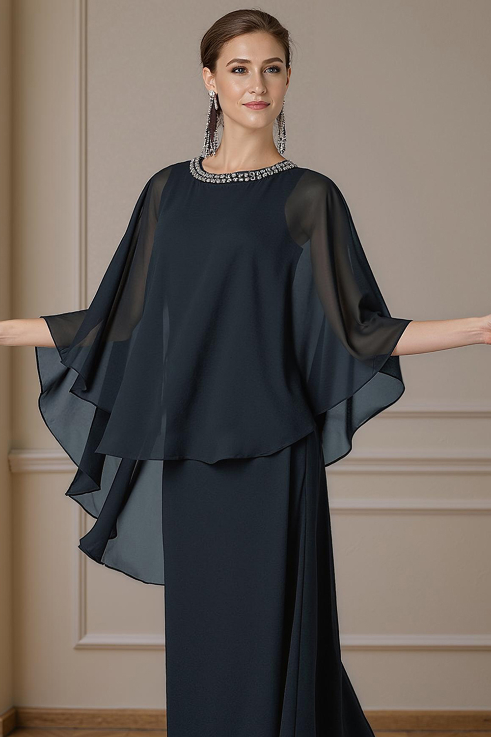 Sparkly Black Beaded Sheath 2 Piece Floor-Length Mother of the Bride Dress with Cape