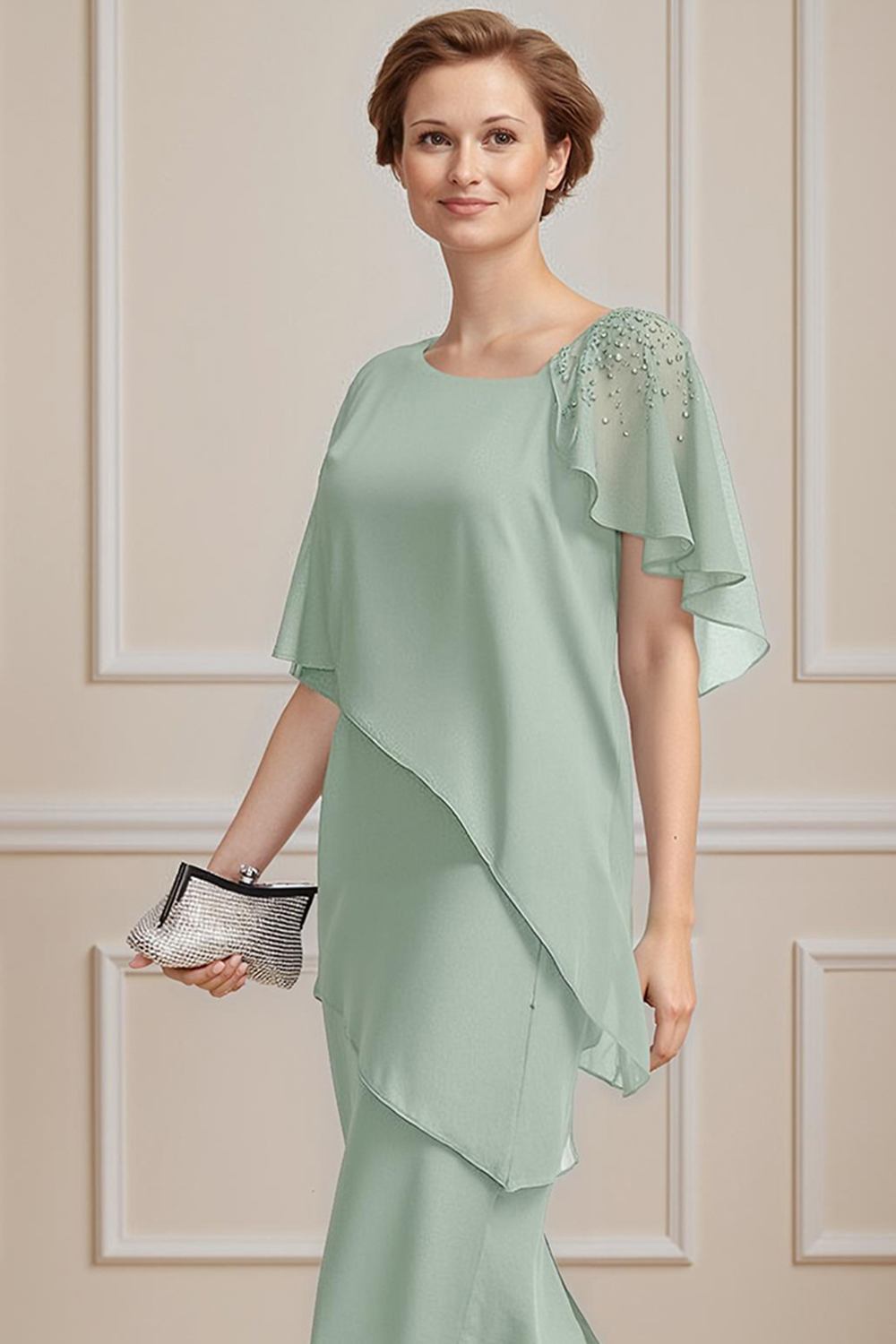 Sparkly Mint Green Sheath Knee-Length Mother of the Bride Dress with Beading