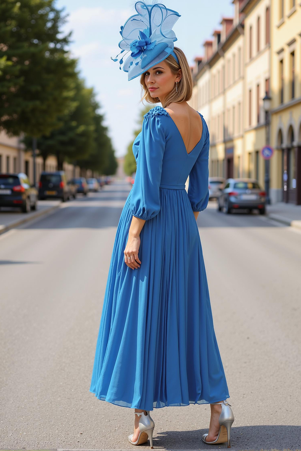 Blue Pleated V-Neck Tea-Length Mother of the Bride Dress with 3D Flower