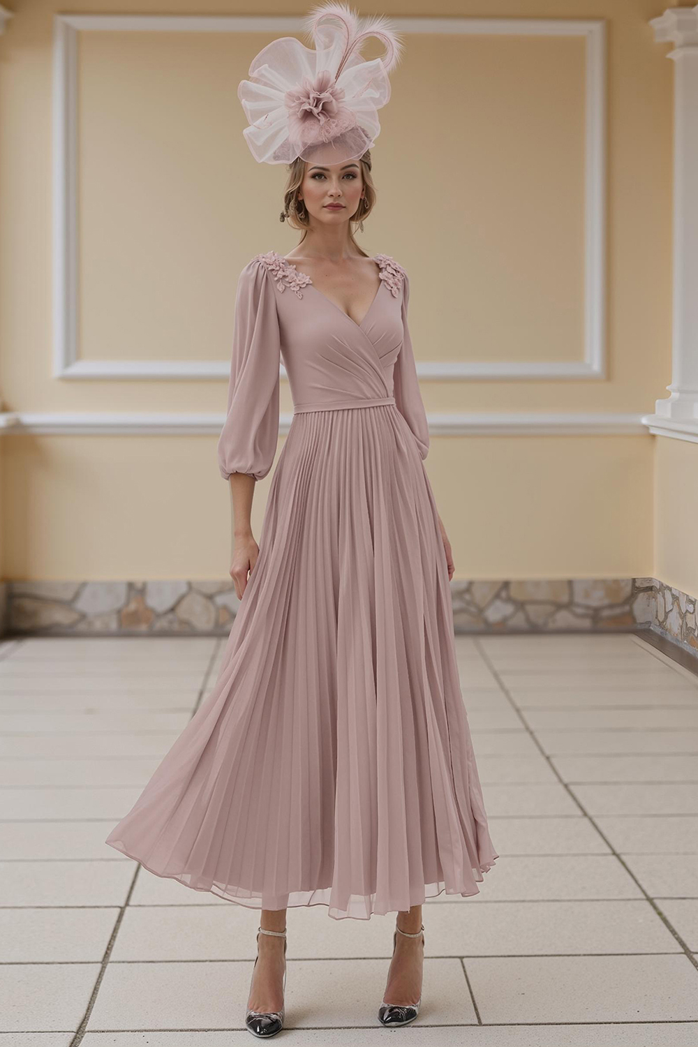 Blue Pleated V-Neck Tea-Length Mother of the Bride Dress with 3D Flower