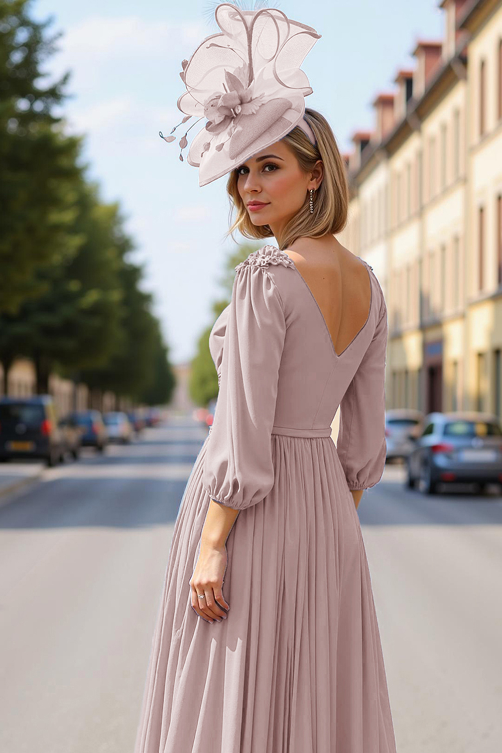 Blue Pleated V-Neck Tea-Length Mother of the Bride Dress with 3D Flower