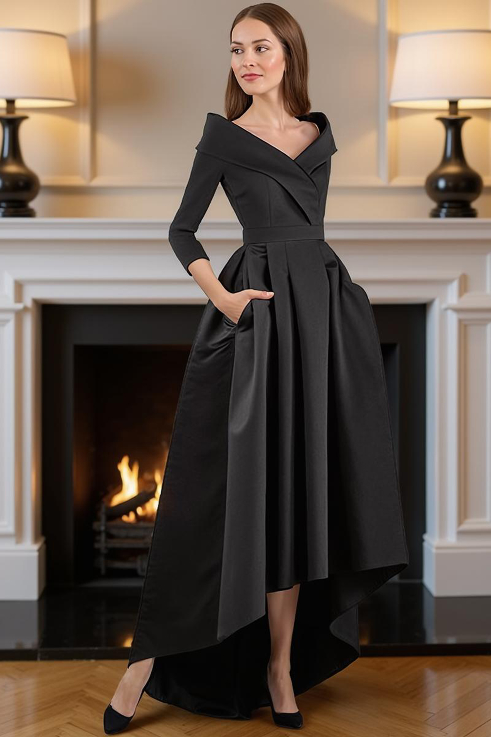 Navy V-Neck A Line High-Low Mother of the Bride Dress with Pockets