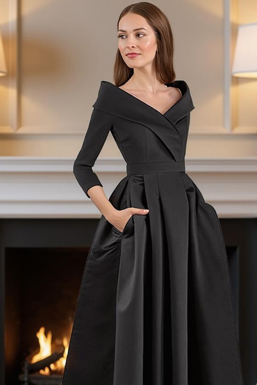 Navy V-Neck A Line High-Low Mother of the Bride Dress with Pockets