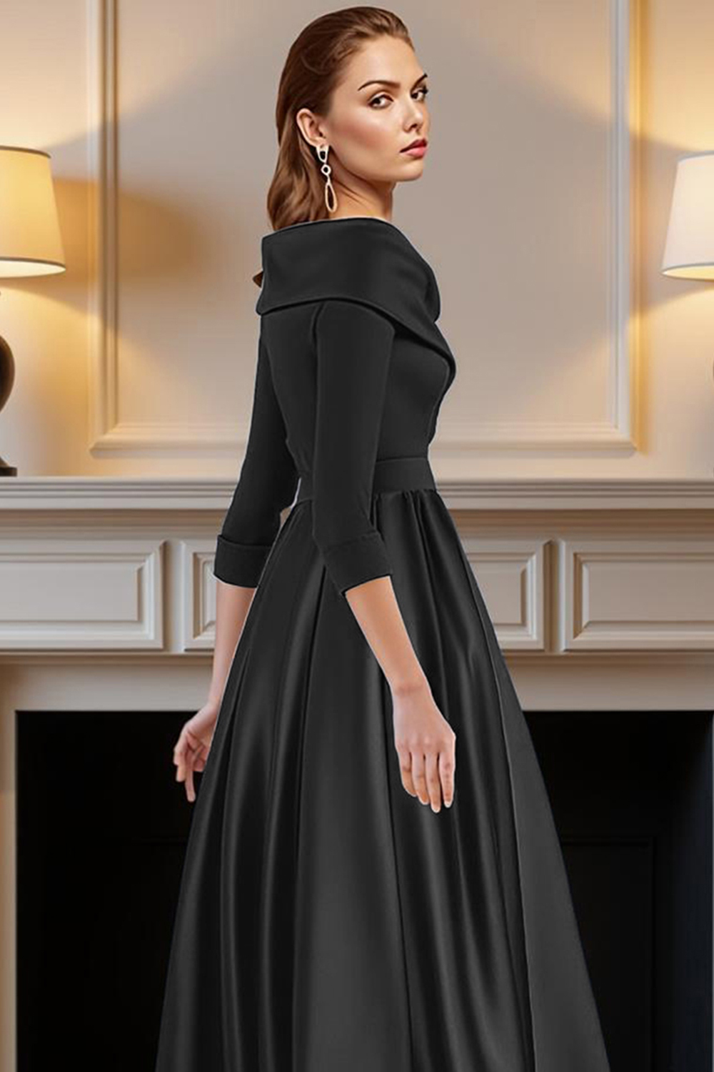 Navy V-Neck A Line High-Low Mother of the Bride Dress with Pockets