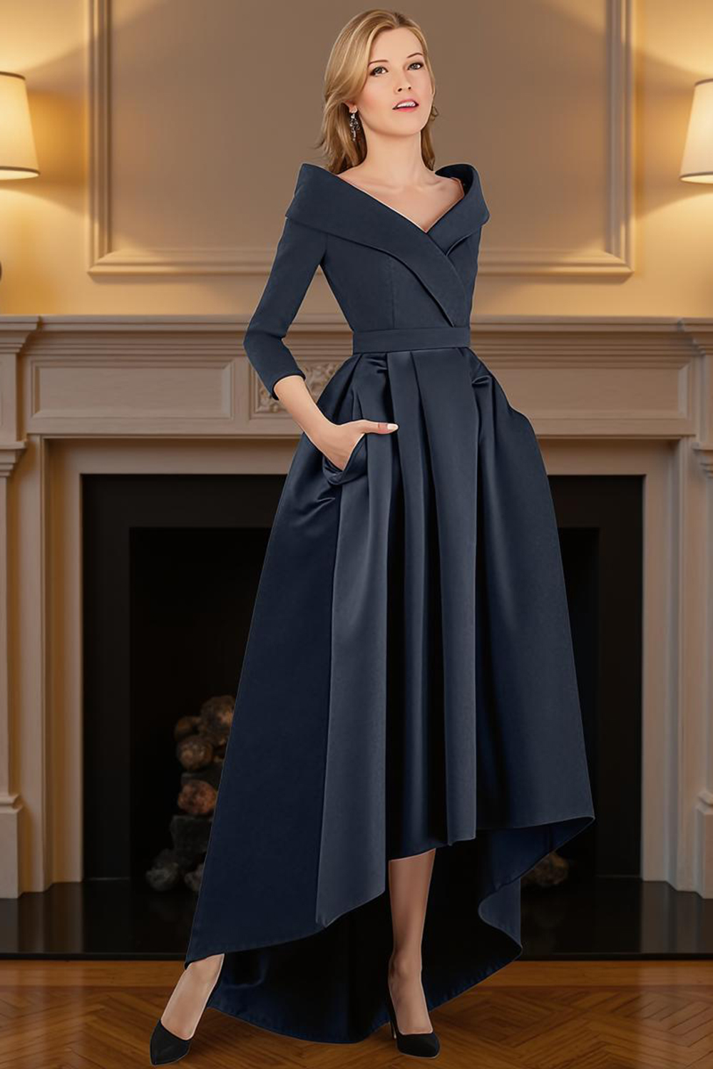 Navy V-Neck A Line High-Low Mother of the Bride Dress with Pockets