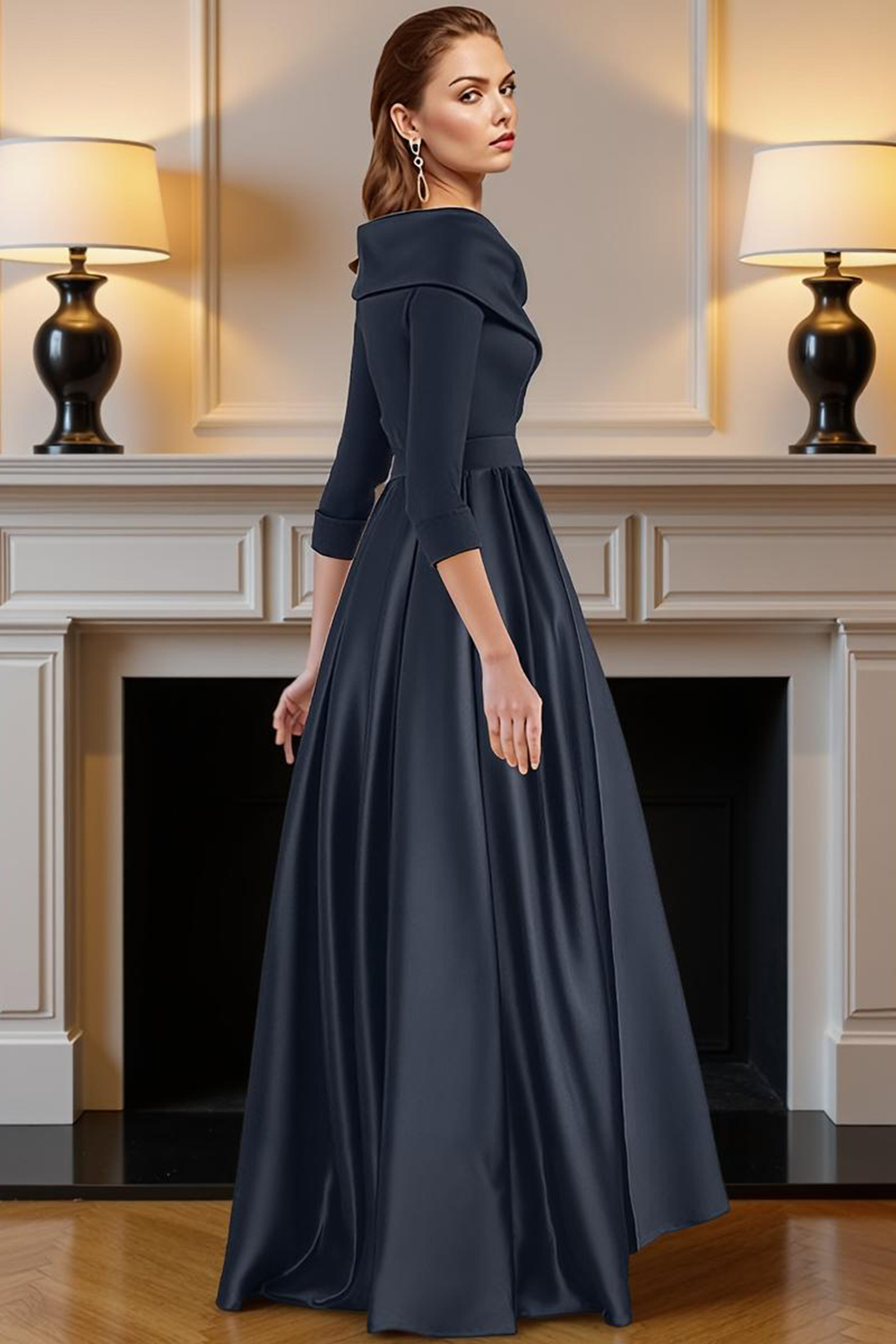 Navy V-Neck A Line High-Low Mother of the Bride Dress with Pockets