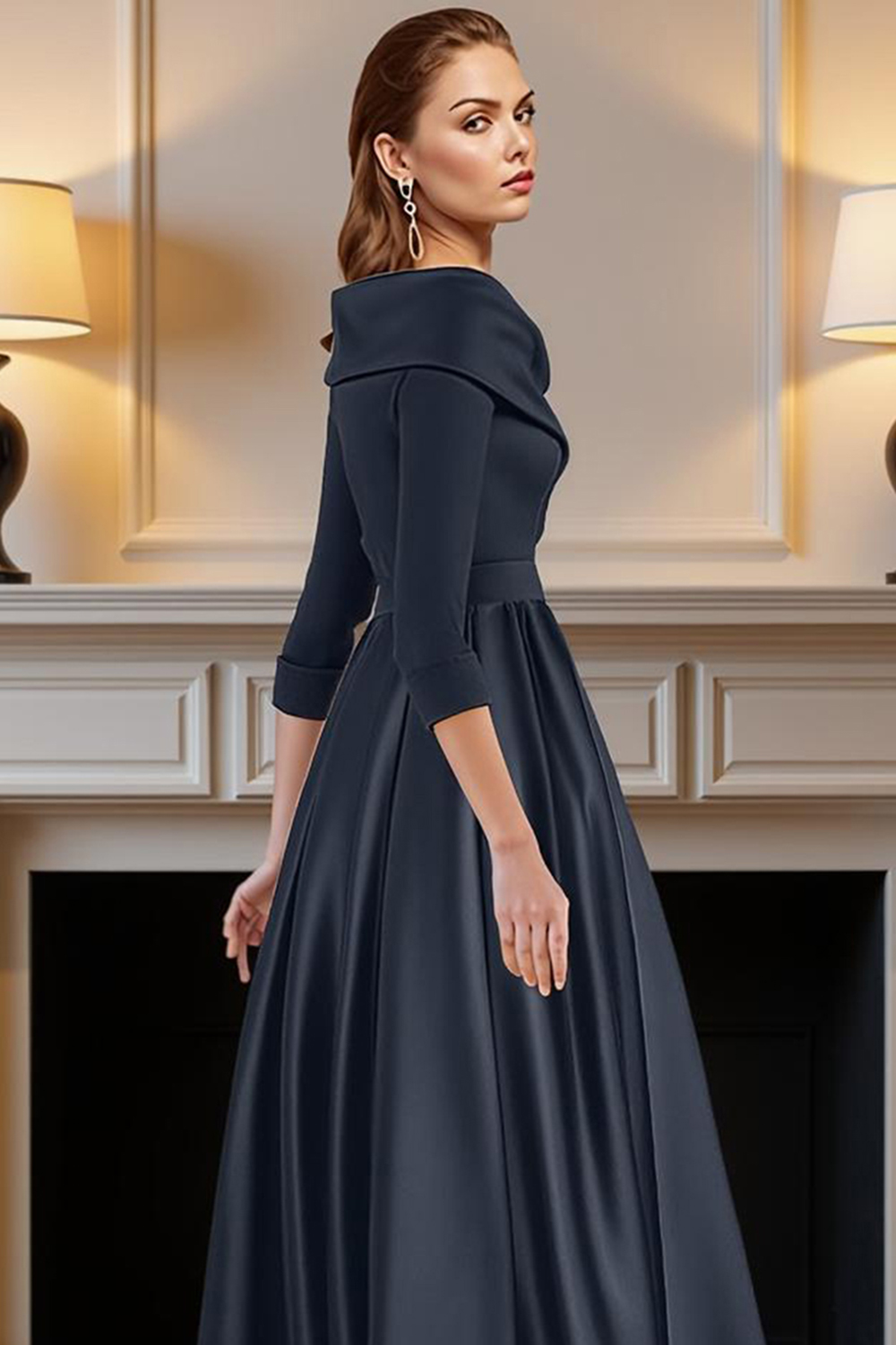 Navy V-Neck A Line High-Low Mother of the Bride Dress with Pockets