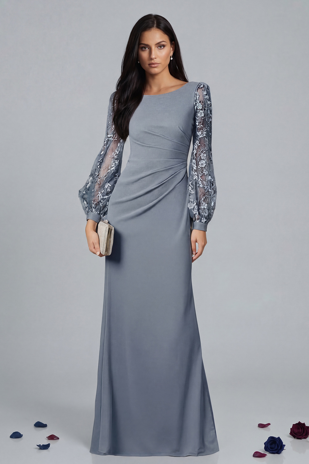 Dusty Rose Floral Mermaid Floor-Length Mother of the Bride Dress with Lace
