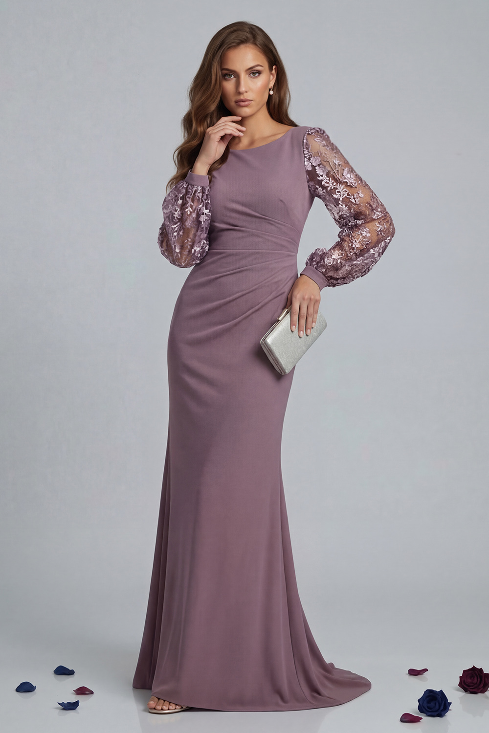 Dusty Rose Floral Mermaid Floor-Length Mother of the Bride Dress with Lace